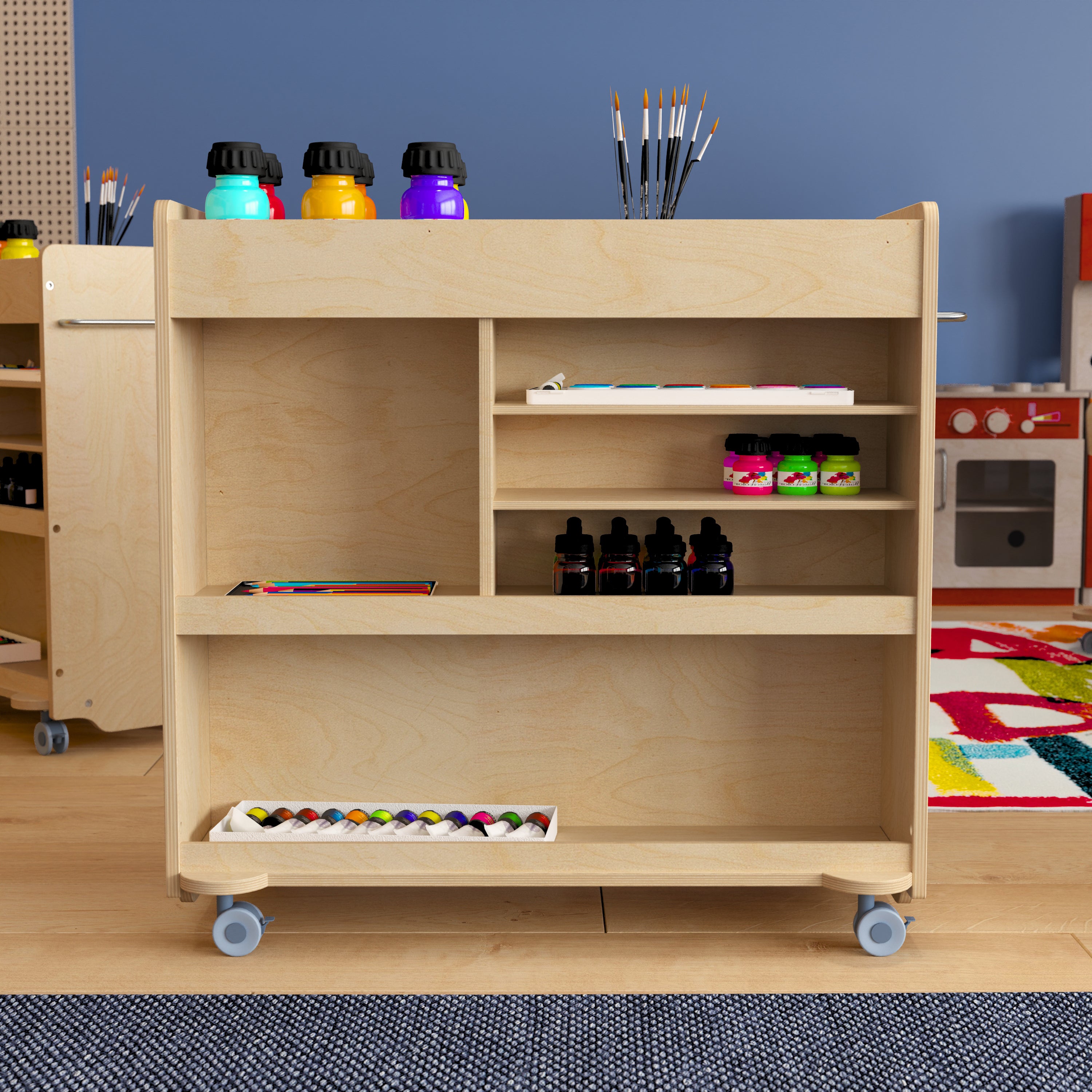 Bright Beginnings Commercial Grade Wooden Mobile Storage Cart with 4 Top Storage Compartments, 5 Cubbies and Locking Caster Wheels
