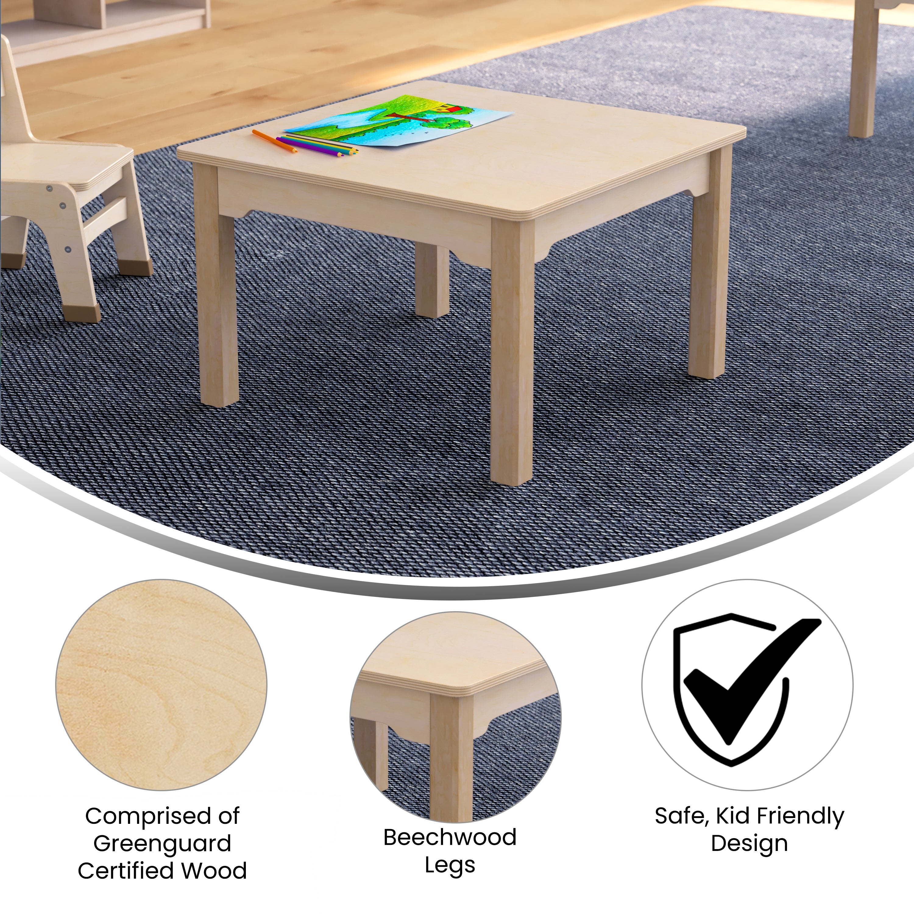 Bright Beginnings Commercial Grade Wooden Square Preschool Classroom Activity Table, (23.5"W x 14.5"H), Beech