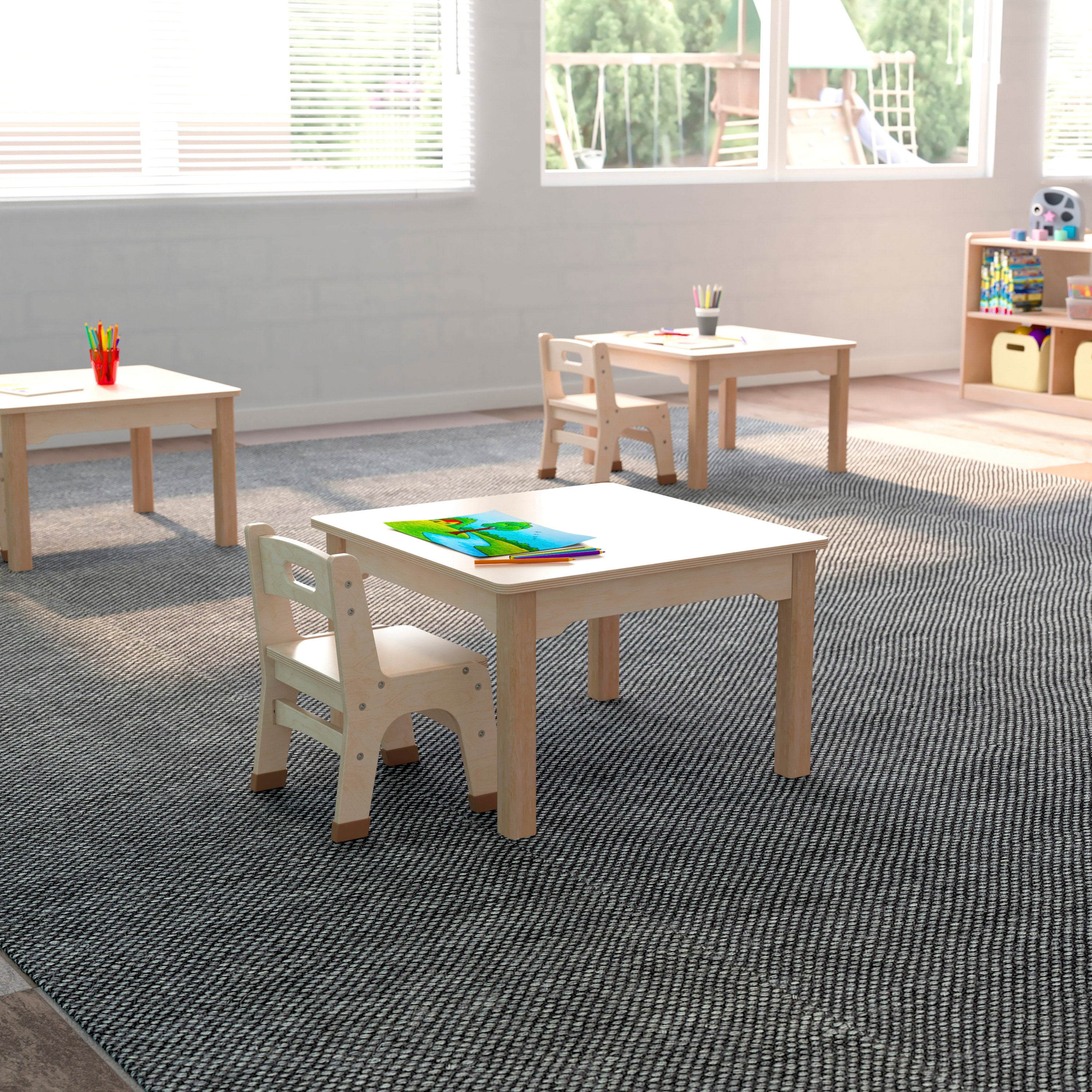 Bright Beginnings Commercial Grade Wooden Square Preschool Classroom Activity Table, (23.5"W x 14.5"H), Beech