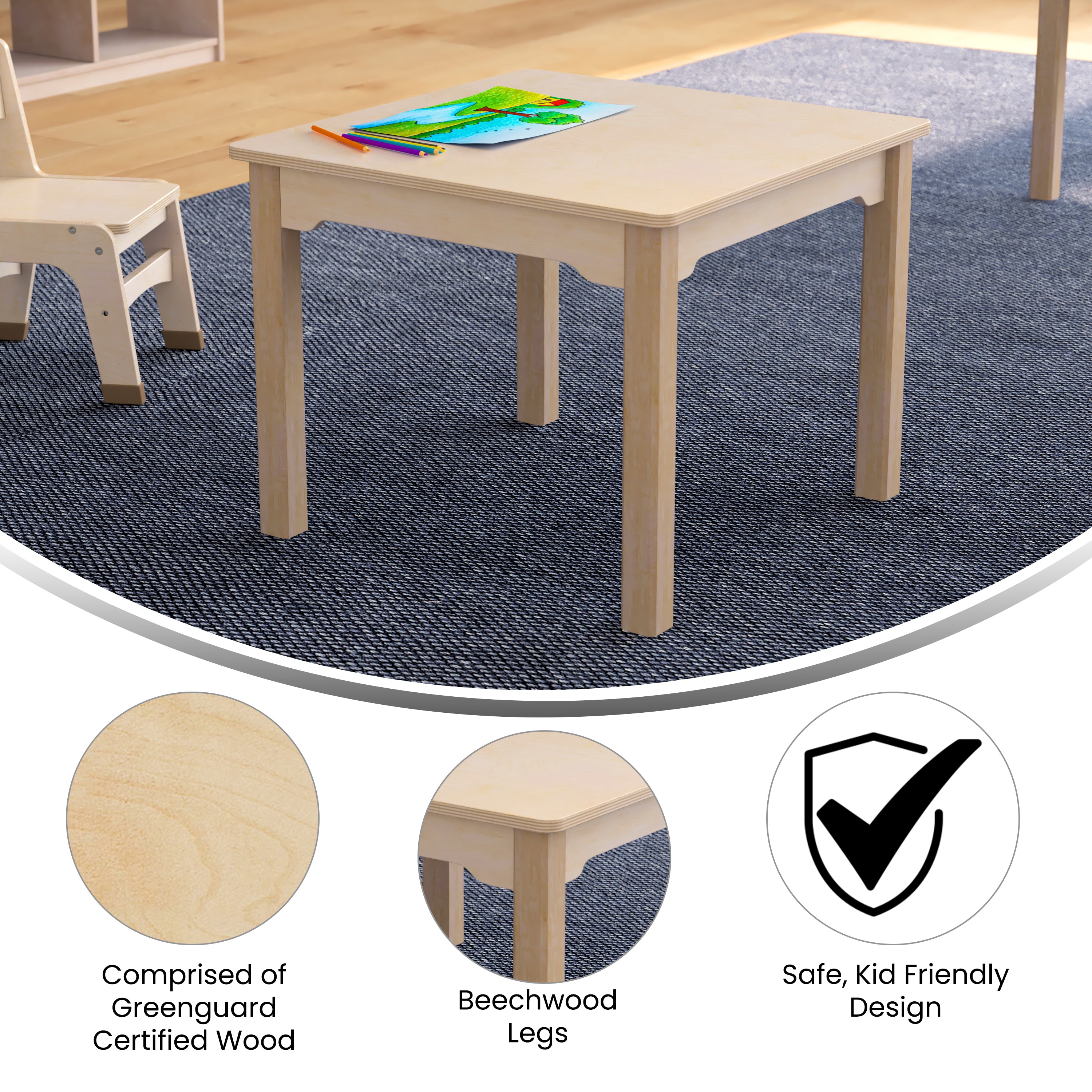 Bright Beginnings Commercial Grade Wooden Square Preschool Classroom Activity Table, (23.5"W x 18"H), Beech