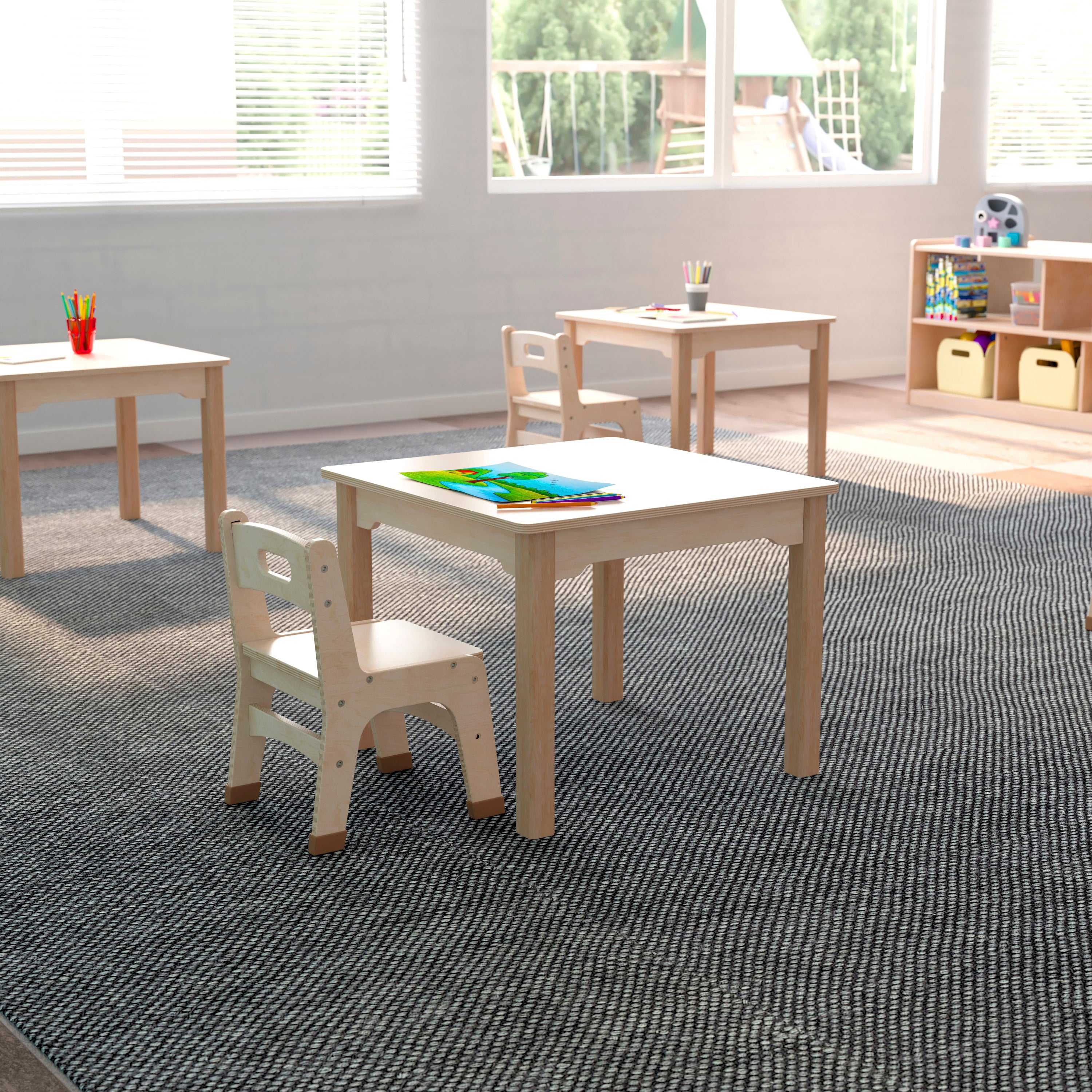 Bright Beginnings Commercial Grade Wooden Square Preschool Classroom Activity Table, (23.5"W x 18"H), Beech