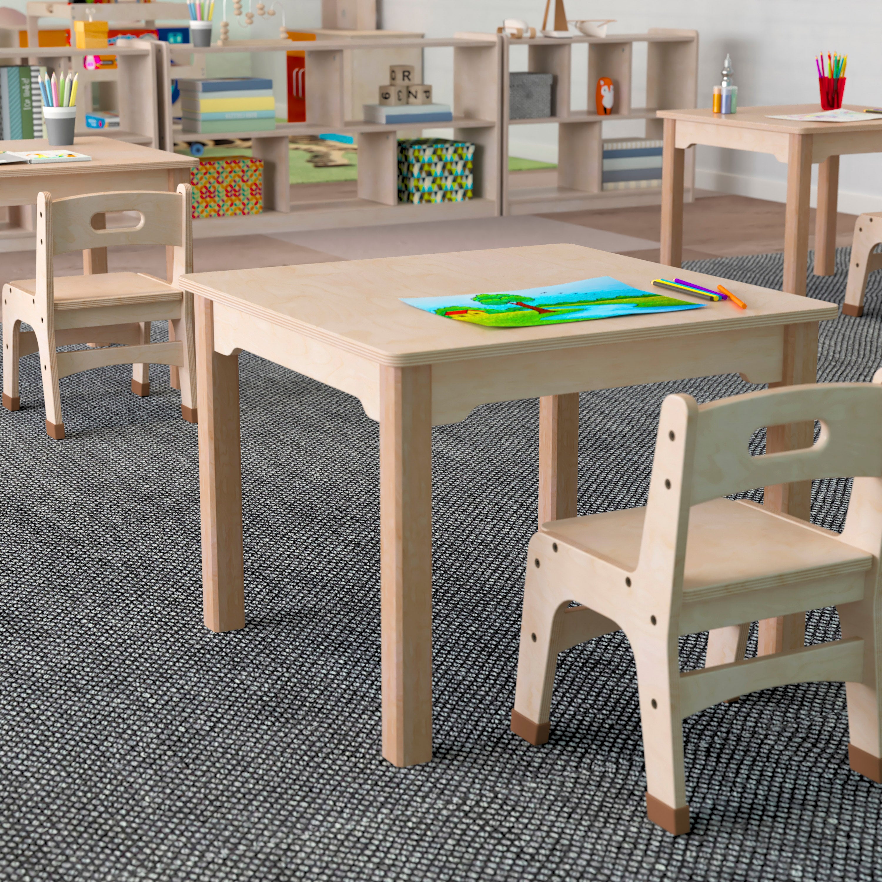 Bright Beginnings Commercial Grade Wooden Square Preschool Classroom Activity Table, (23.5"W x 18"H), Beech