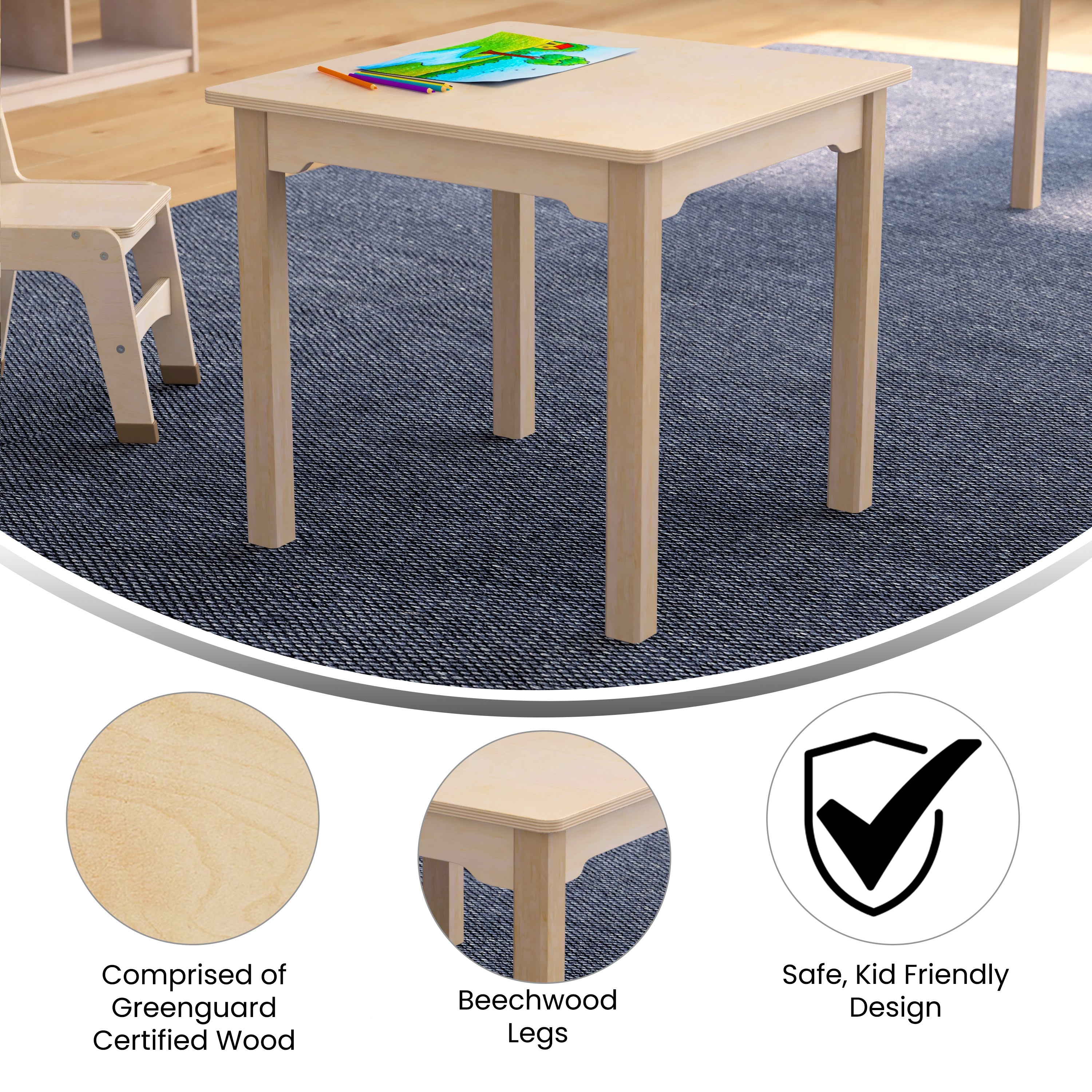 Bright Beginnings Commercial Grade Wooden Square Preschool Classroom Activity Table, (23.5"W x 21.25"H), Beech