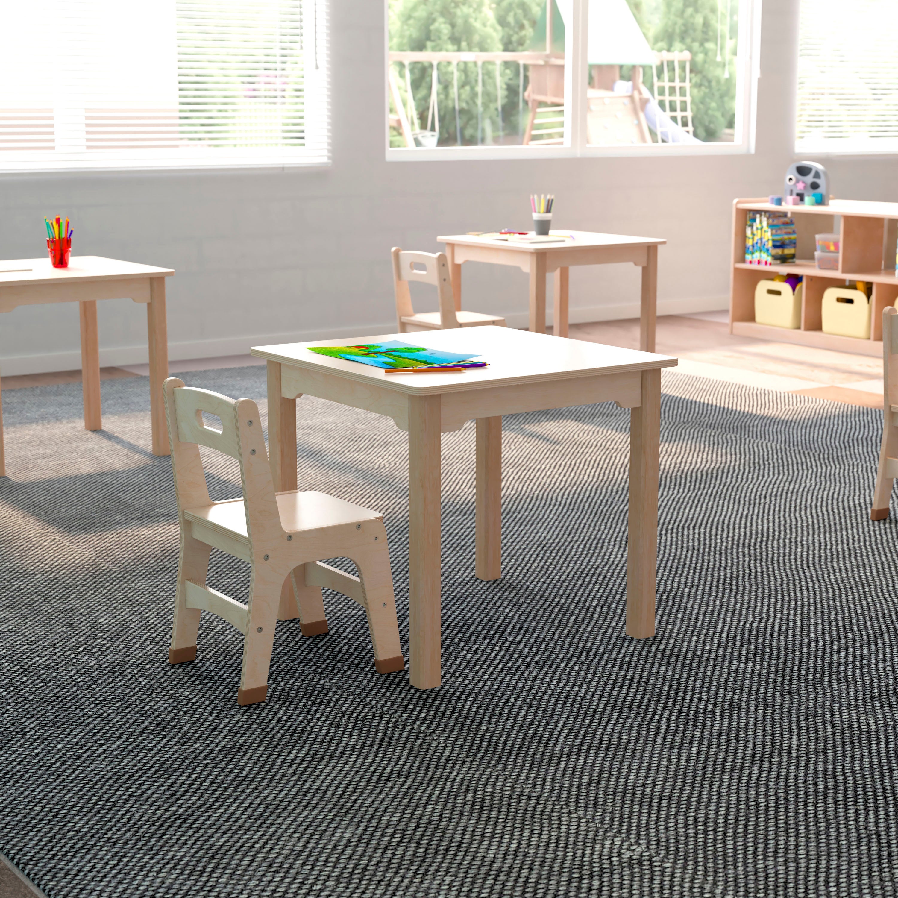 Bright Beginnings Commercial Grade Wooden Square Preschool Classroom Activity Table, (23.5"W x 21.25"H), Beech