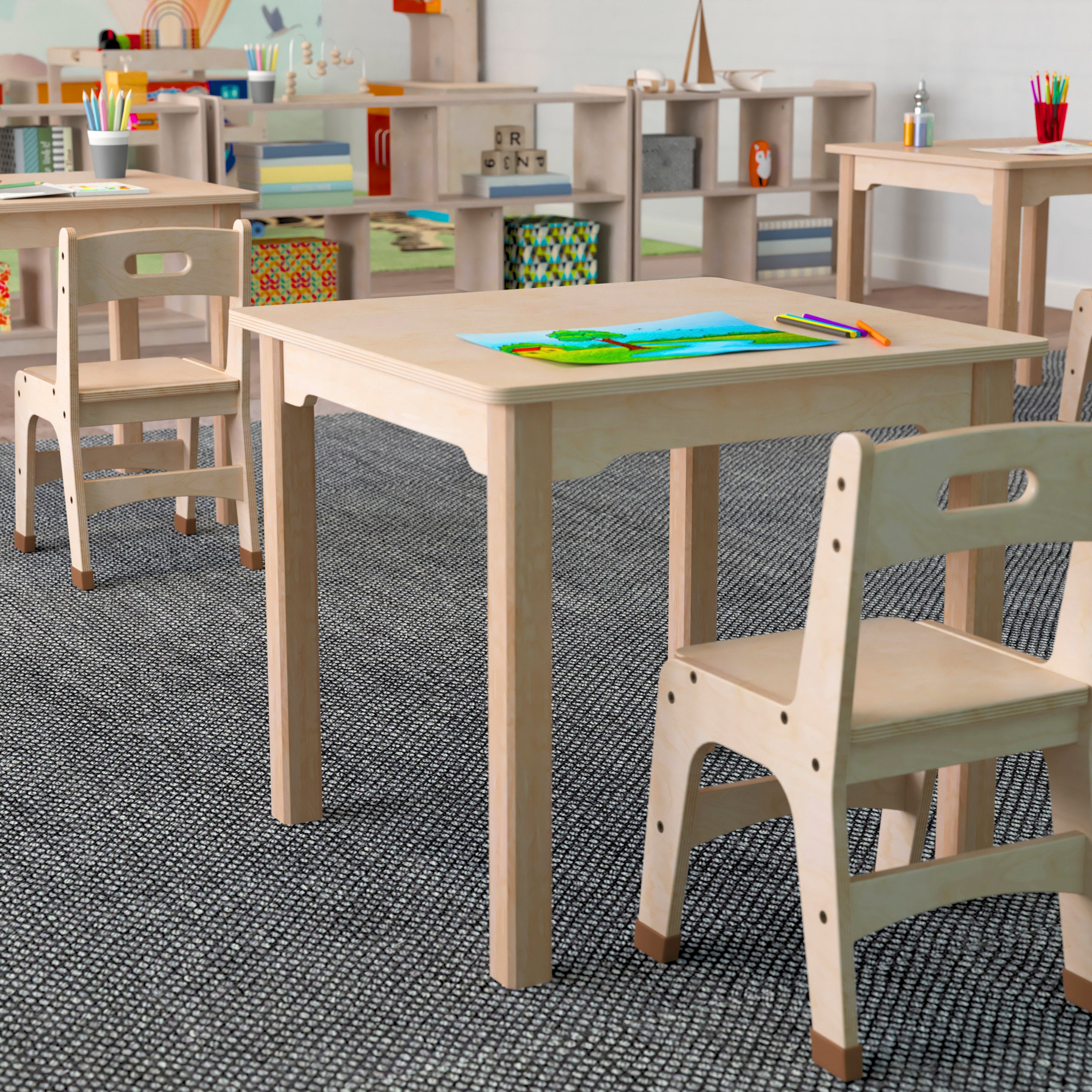Bright Beginnings Commercial Grade Wooden Square Preschool Classroom Activity Table, (23.5"W x 21.25"H), Beech