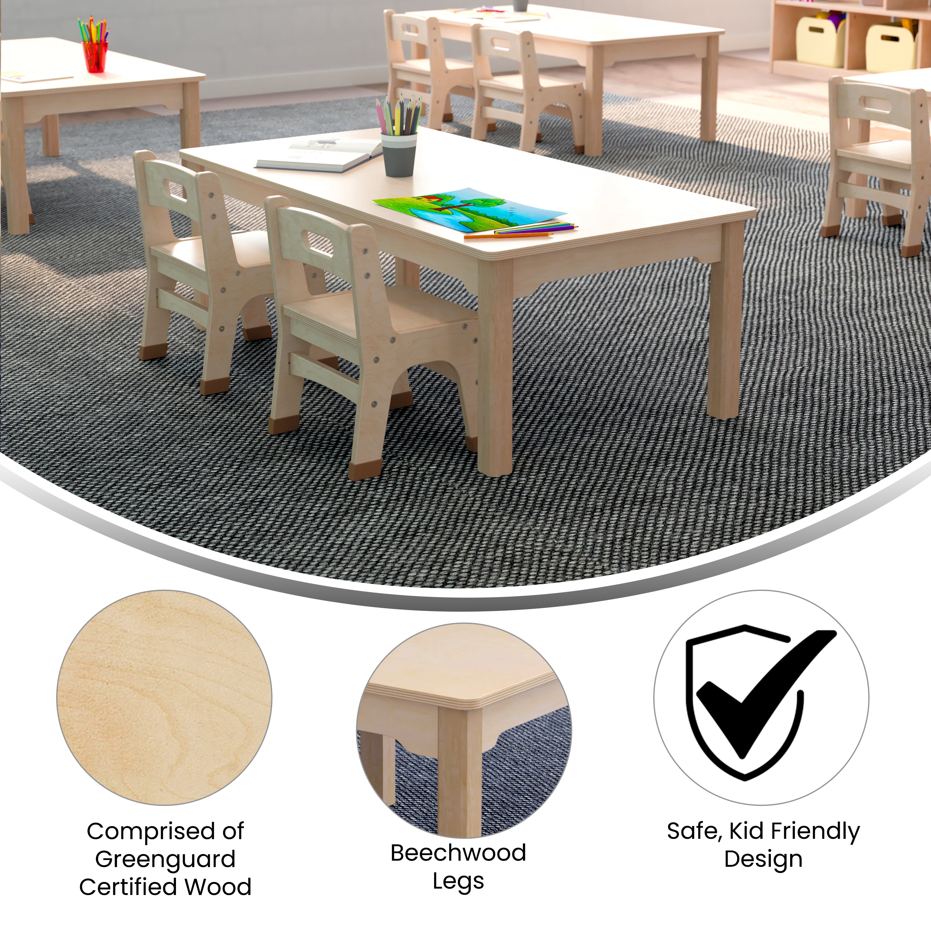 Bright Beginnings Commercial Grade Wooden Rectangular Preschool Classroom Activity Table, (23.5"W x 47.25"D x 14.5"H), Beech