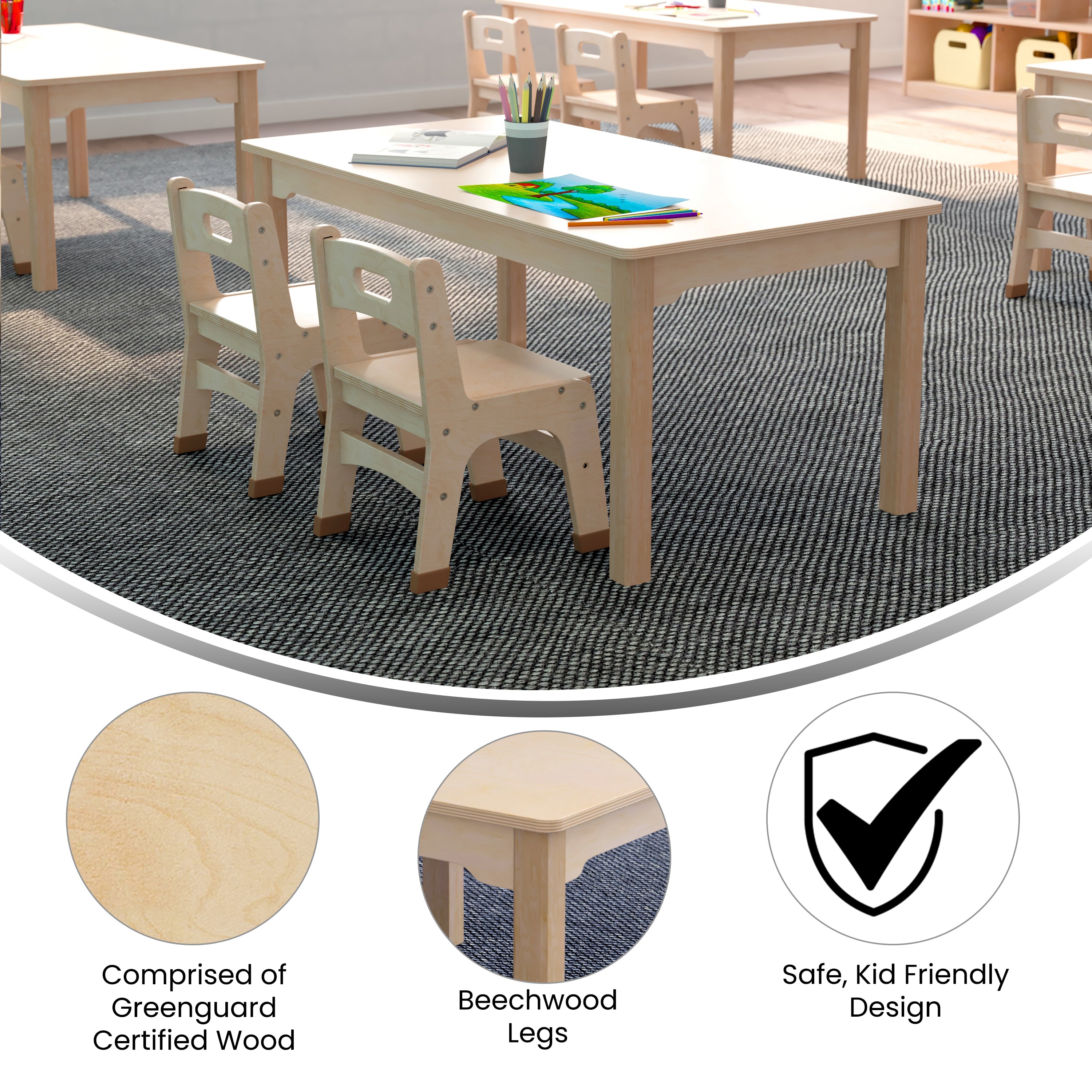 Bright Beginnings Commercial Grade Wooden Rectangular Preschool Classroom Activity Table, (23.5"W x 47.25"D x 18"H), Beech