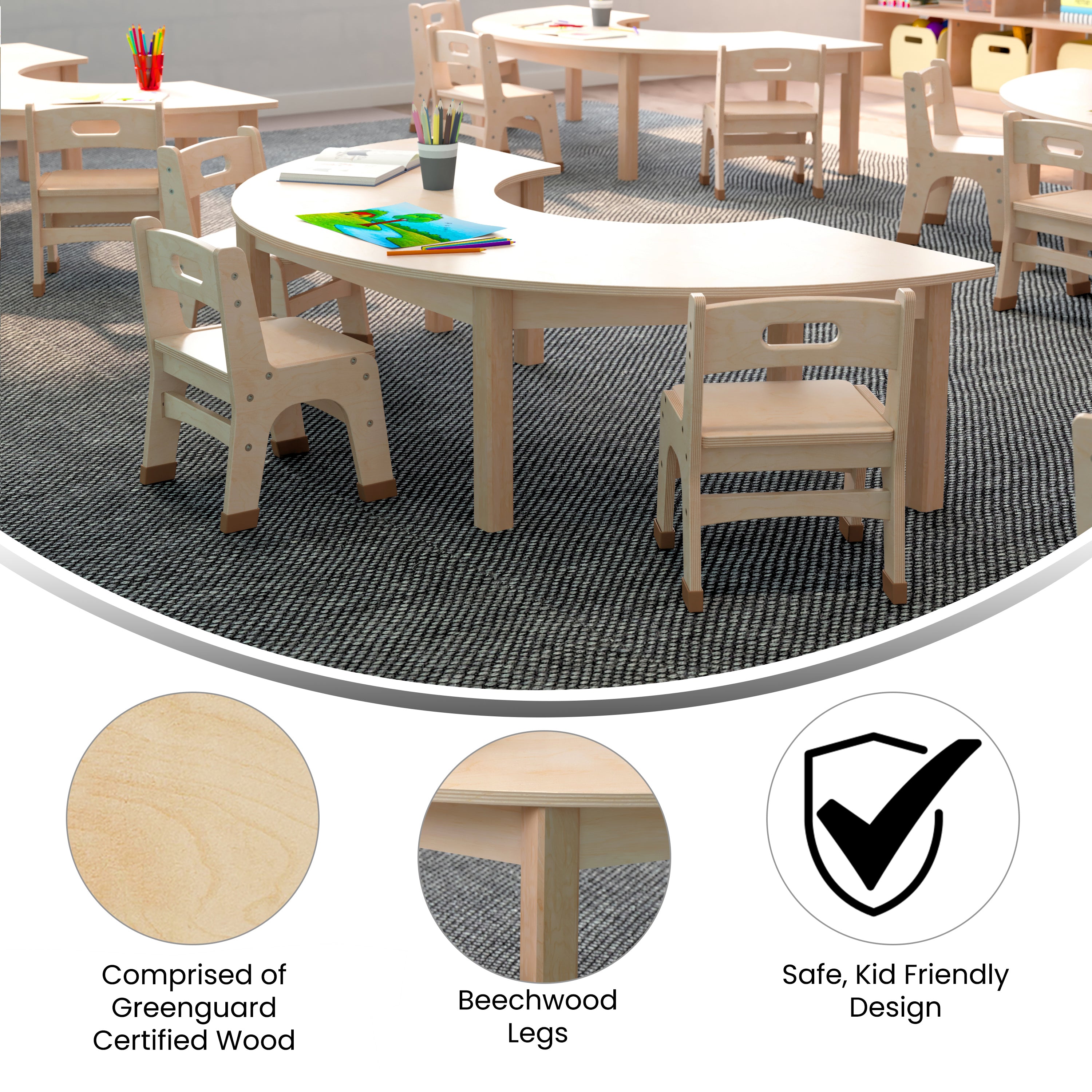 Bright Beginnings Commercial Grade Wooden Half Circle Preschool Classroom Activity Table, (29.5"W x 59"D x 14.5"H), Beech