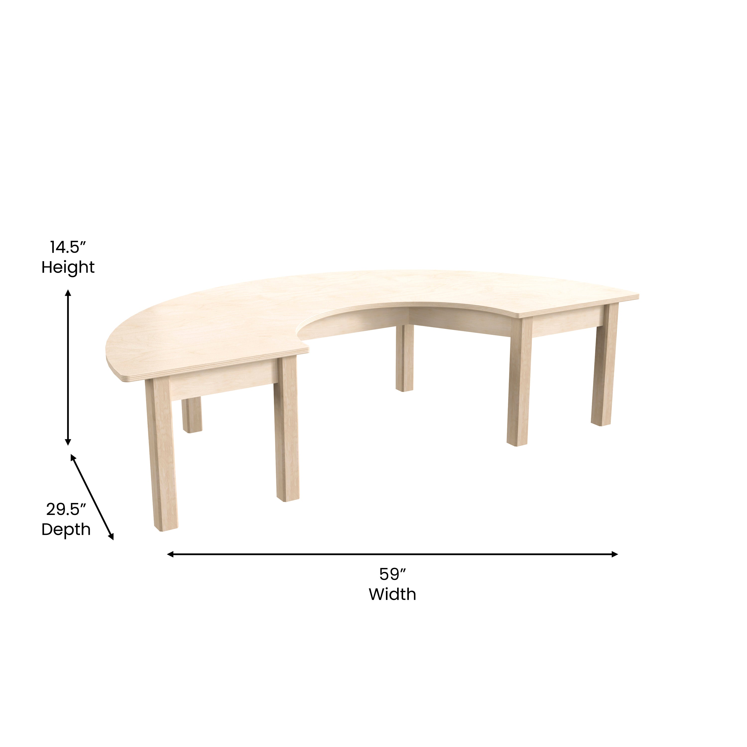 Bright Beginnings Commercial Grade Wooden Half Circle Preschool Classroom Activity Table, (29.5"W x 59"D x 14.5"H), Beech