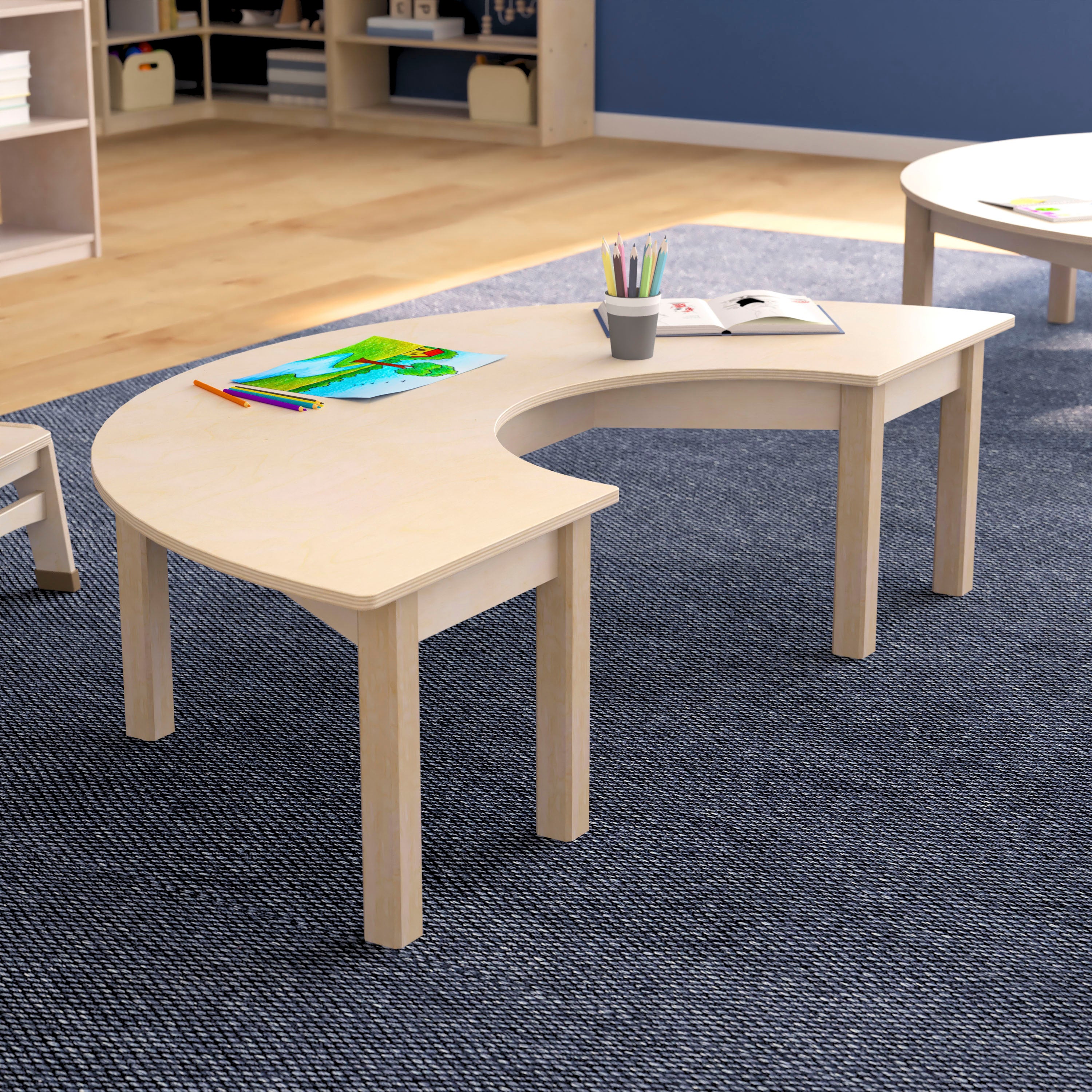 Bright Beginnings Commercial Grade Wooden Half Circle Preschool Classroom Activity Table, (29.5"W x 59"D x 14.5"H), Beech