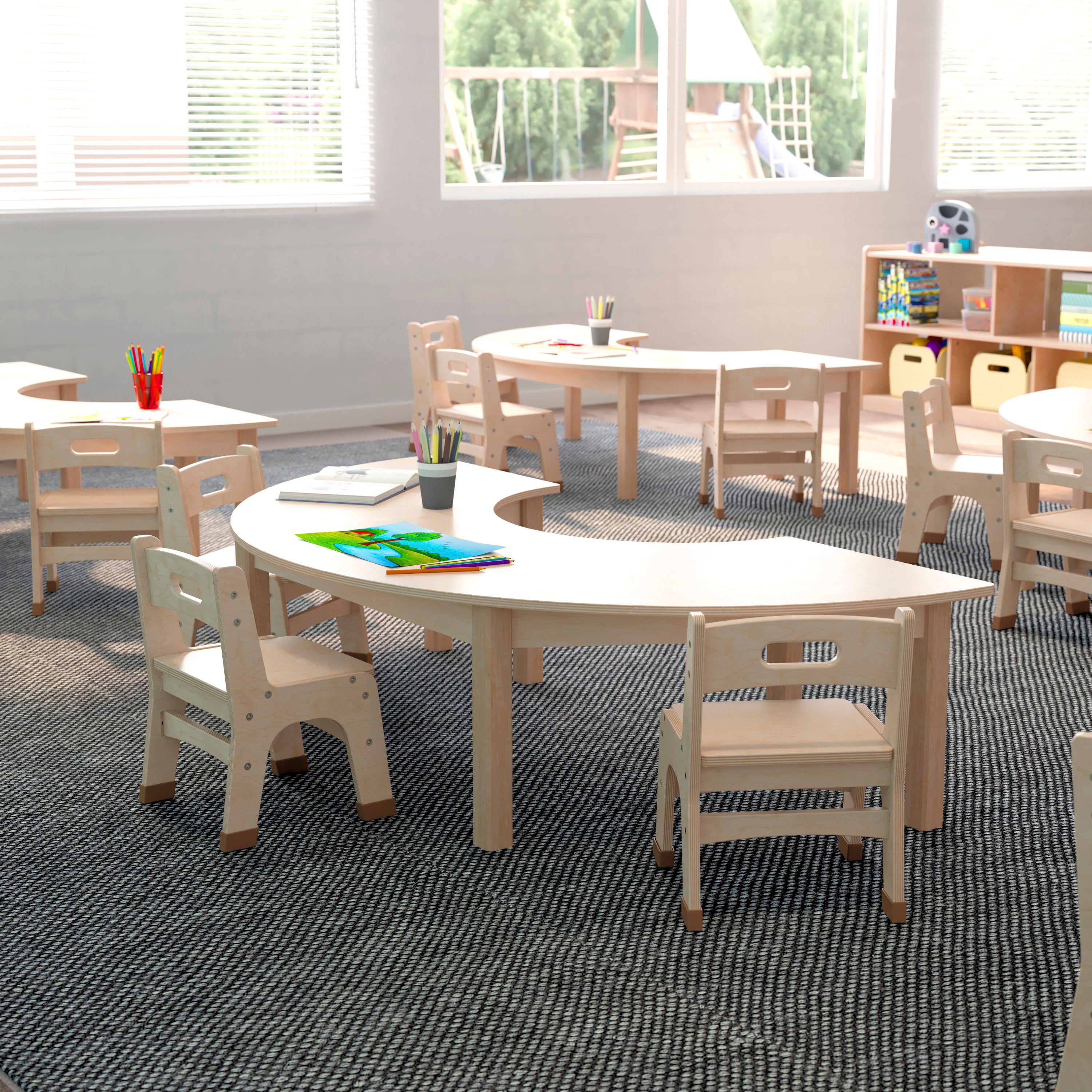 Bright Beginnings Commercial Grade Wooden Half Circle Preschool Classroom Activity Table, (29.5"W x 59"D x 14.5"H), Beech