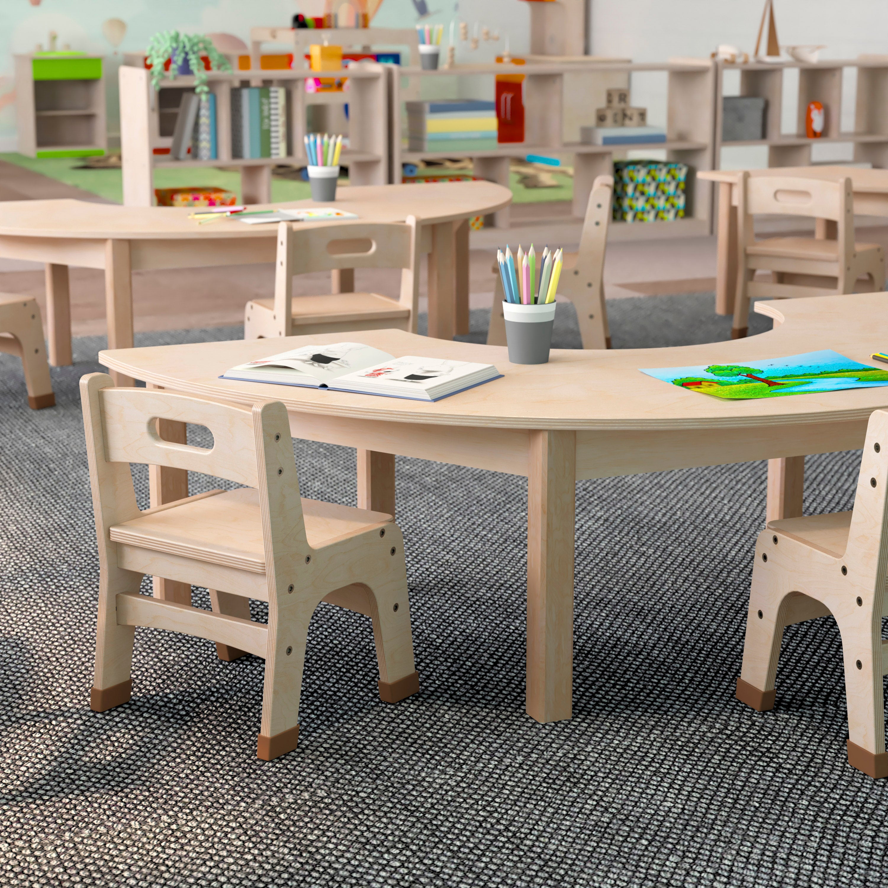 Bright Beginnings Commercial Grade Wooden Half Circle Preschool Classroom Activity Table, (29.5"W x 59"D x 14.5"H), Beech