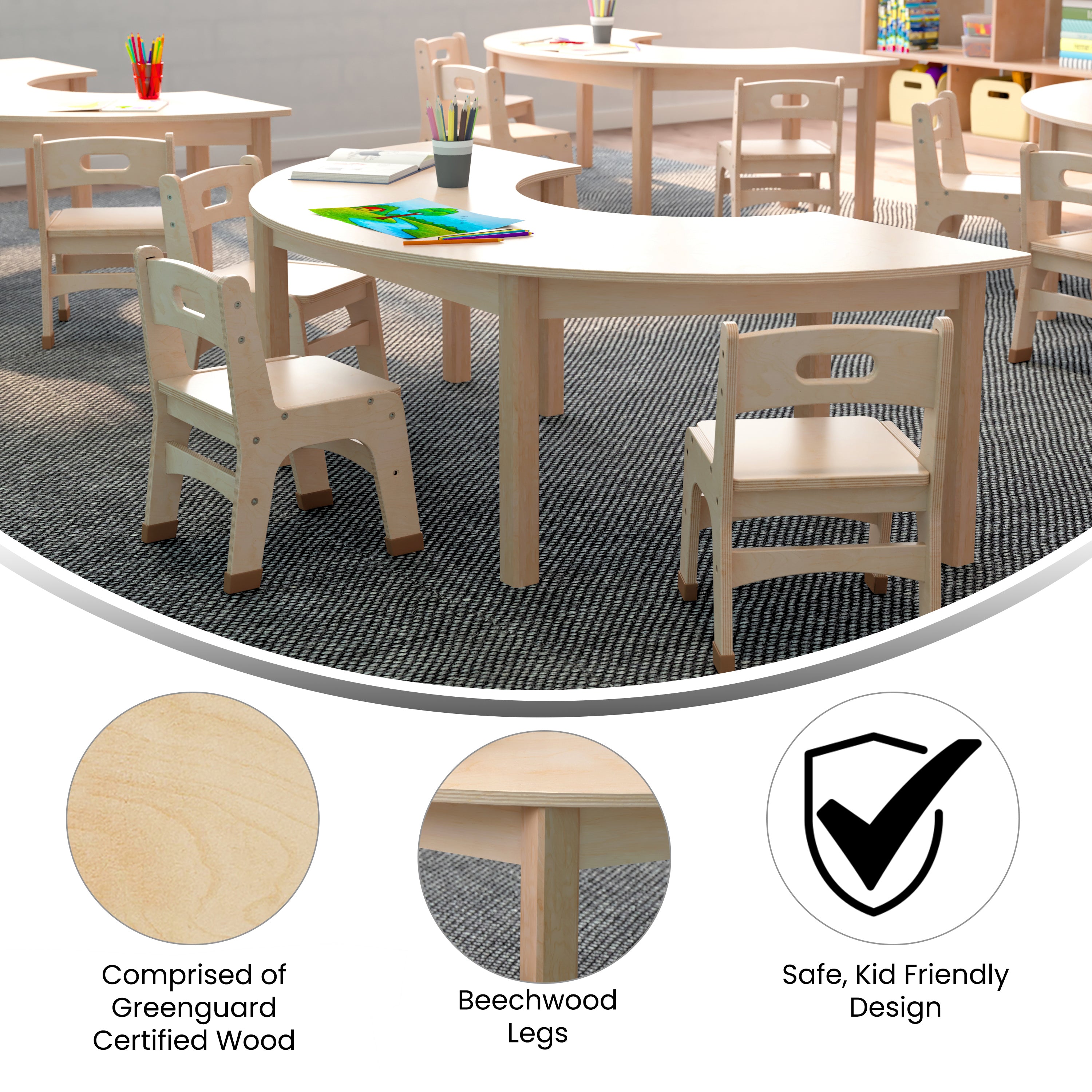 Bright Beginnings Commercial Grade Wooden Half Circle Preschool Classroom Activity Table, (29.5"W x 59"D x 18"H), Beech