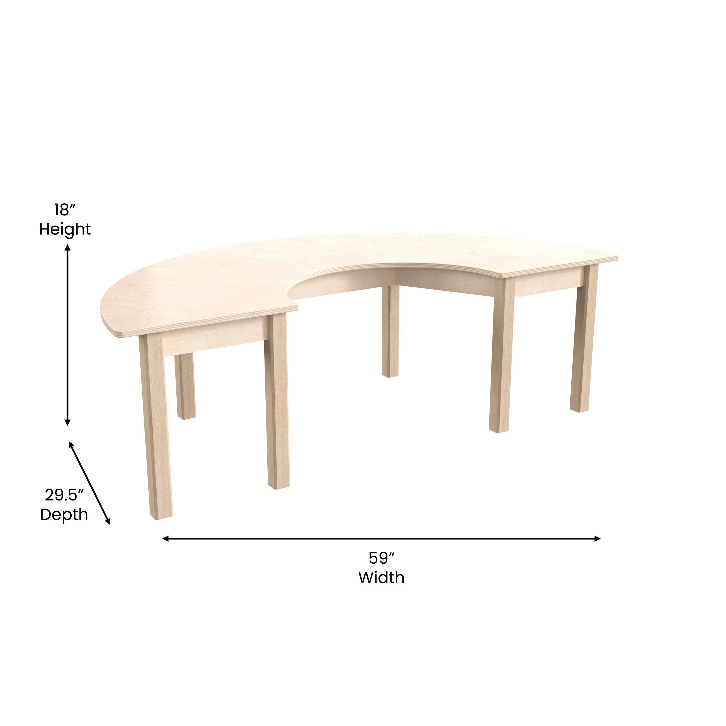 Bright Beginnings Commercial Grade Wooden Half Circle Preschool Classroom Activity Table, (29.5"W x 59"D x 18"H), Beech