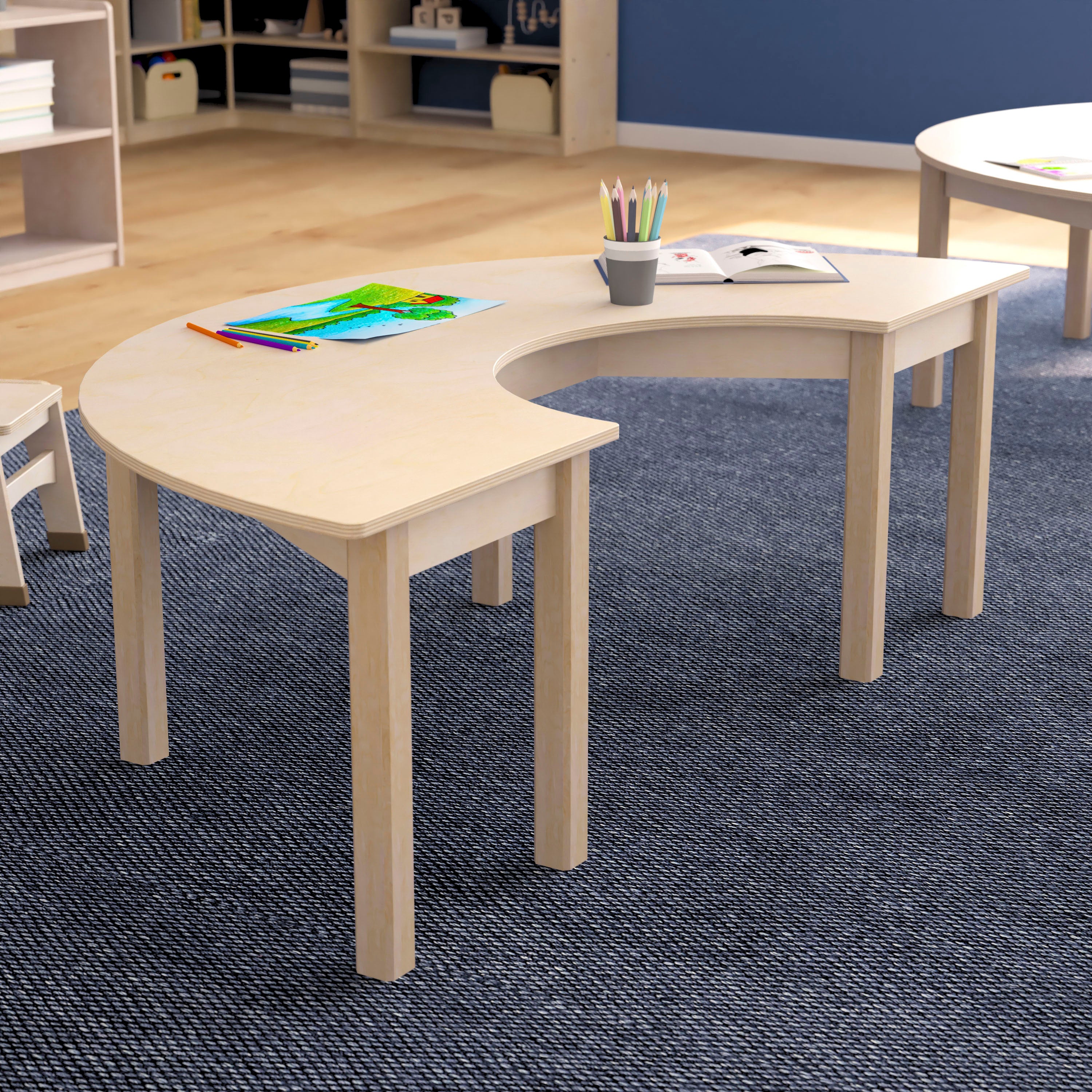 Bright Beginnings Commercial Grade Wooden Half Circle Preschool Classroom Activity Table, (29.5"W x 59"D x 18"H), Beech