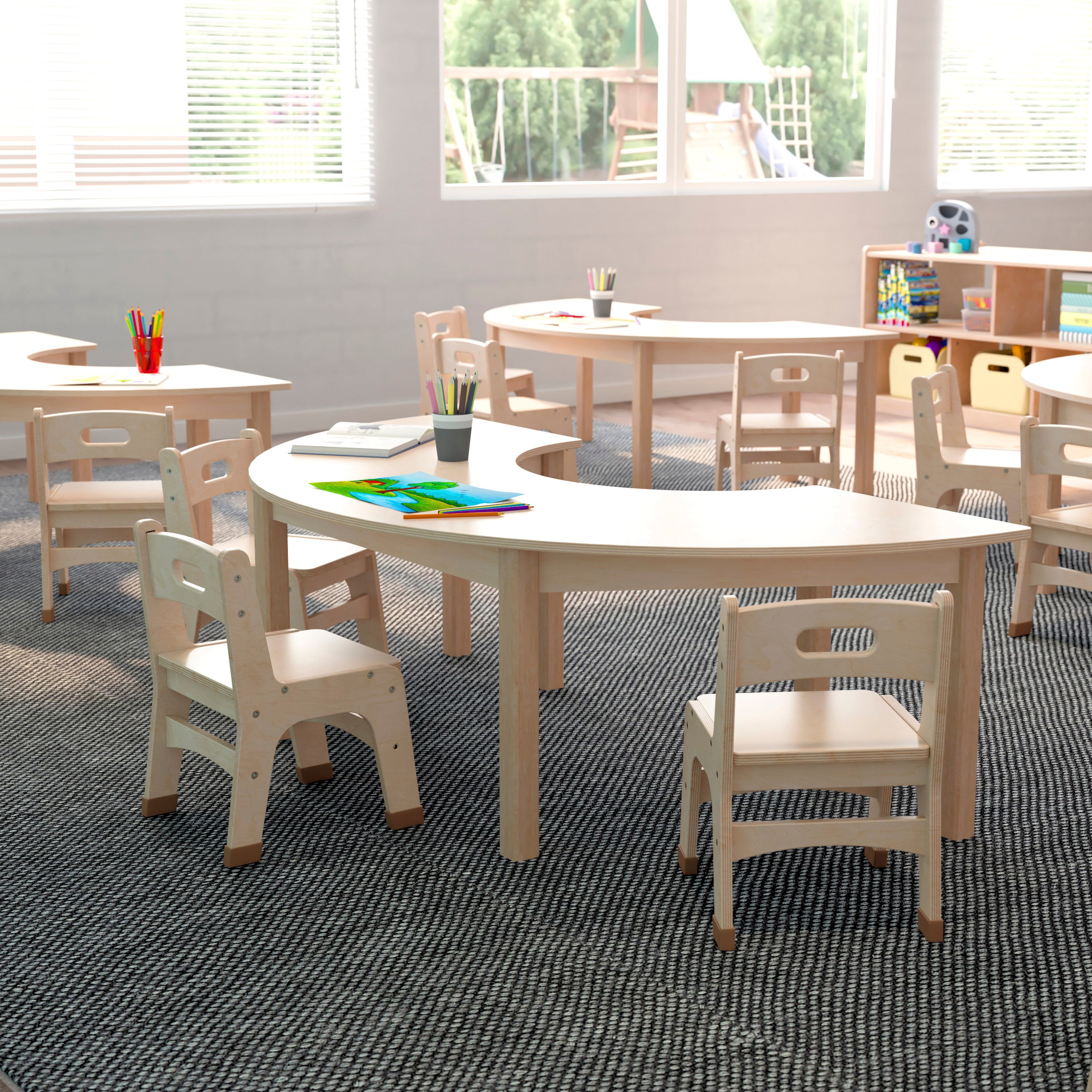 Bright Beginnings Commercial Grade Wooden Half Circle Preschool Classroom Activity Table, (29.5"W x 59"D x 18"H), Beech