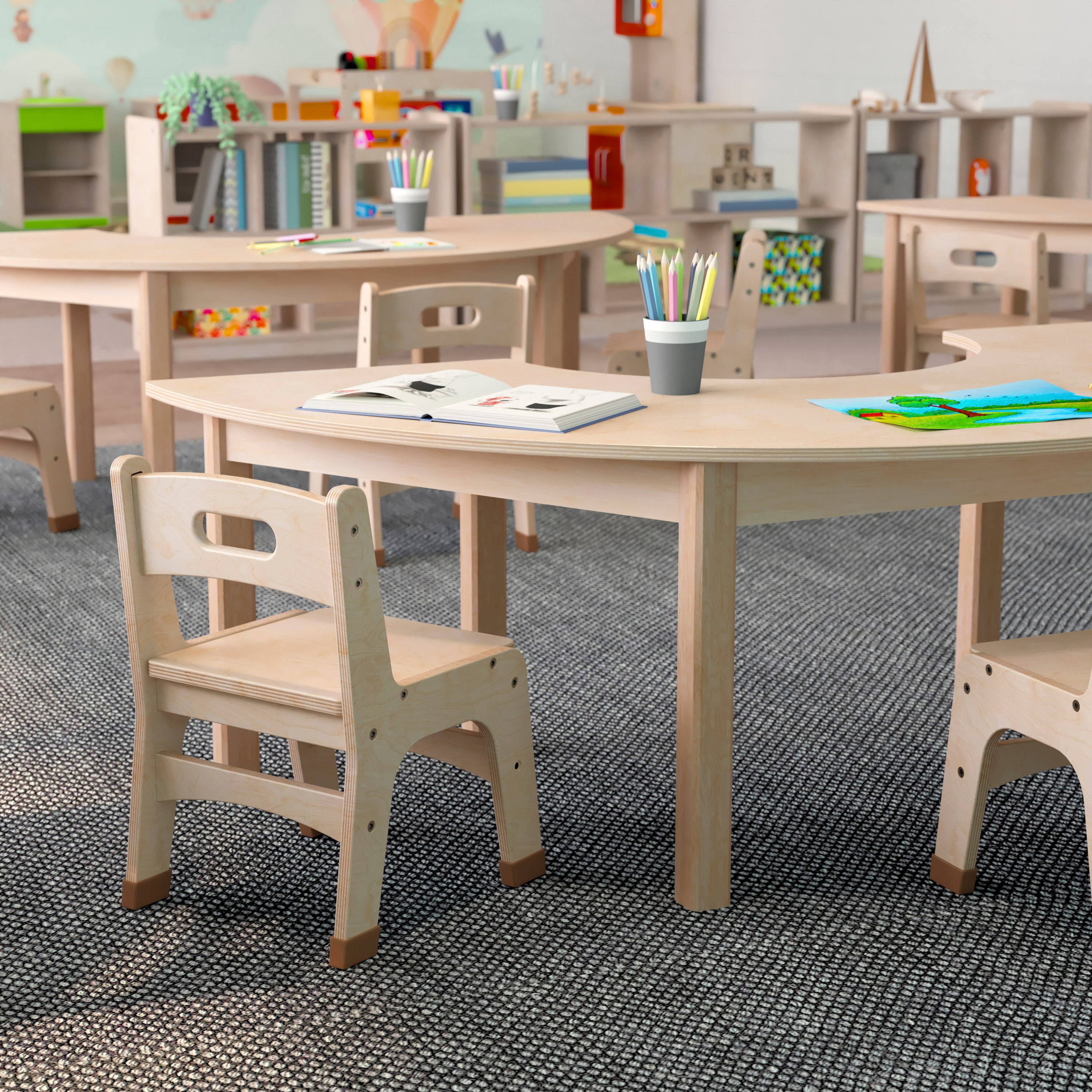 Bright Beginnings Commercial Grade Wooden Half Circle Preschool Classroom Activity Table, (29.5"W x 59"D x 18"H), Beech