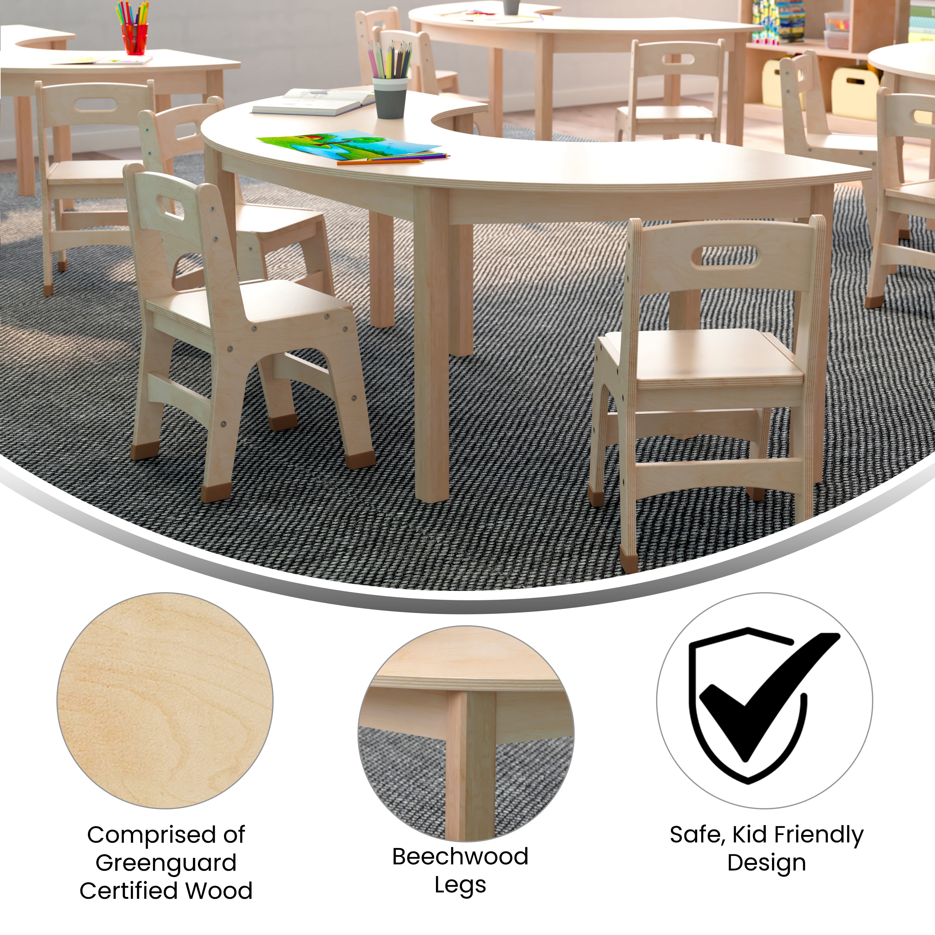 Bright Beginnings Commercial Grade Wooden Half Circle Preschool Classroom Activity Table, (29.5"W x 59"D x 21"H), Beech