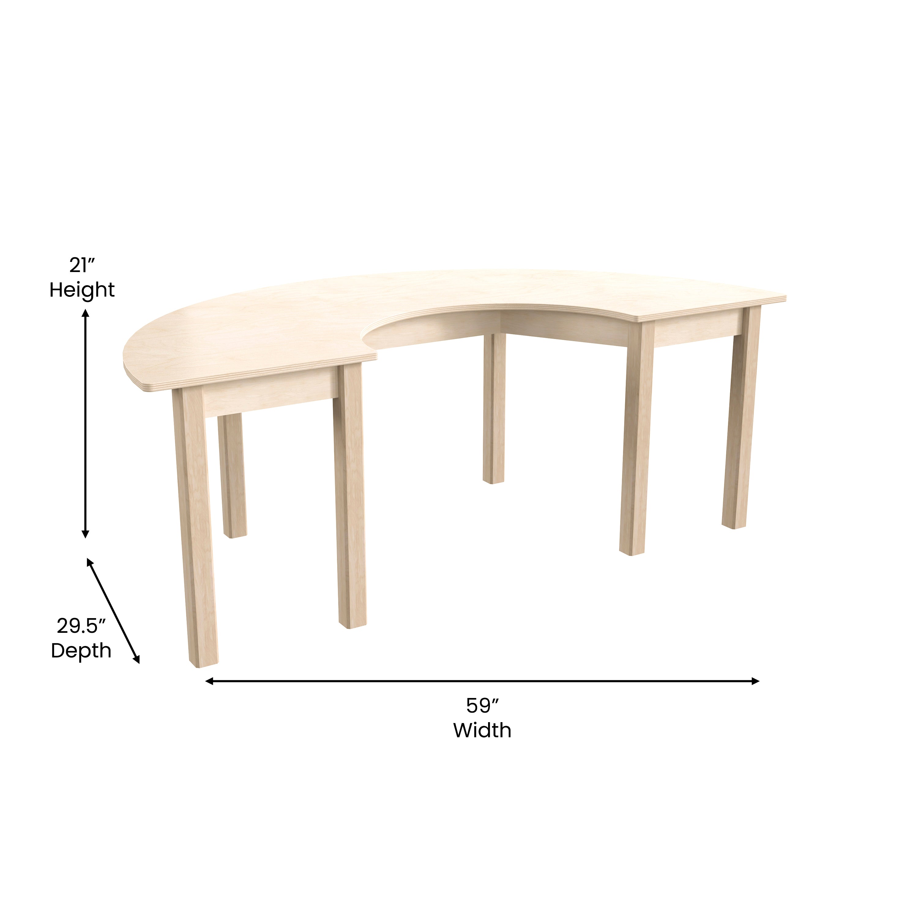 Bright Beginnings Commercial Grade Wooden Half Circle Preschool Classroom Activity Table, (29.5"W x 59"D x 21"H), Beech