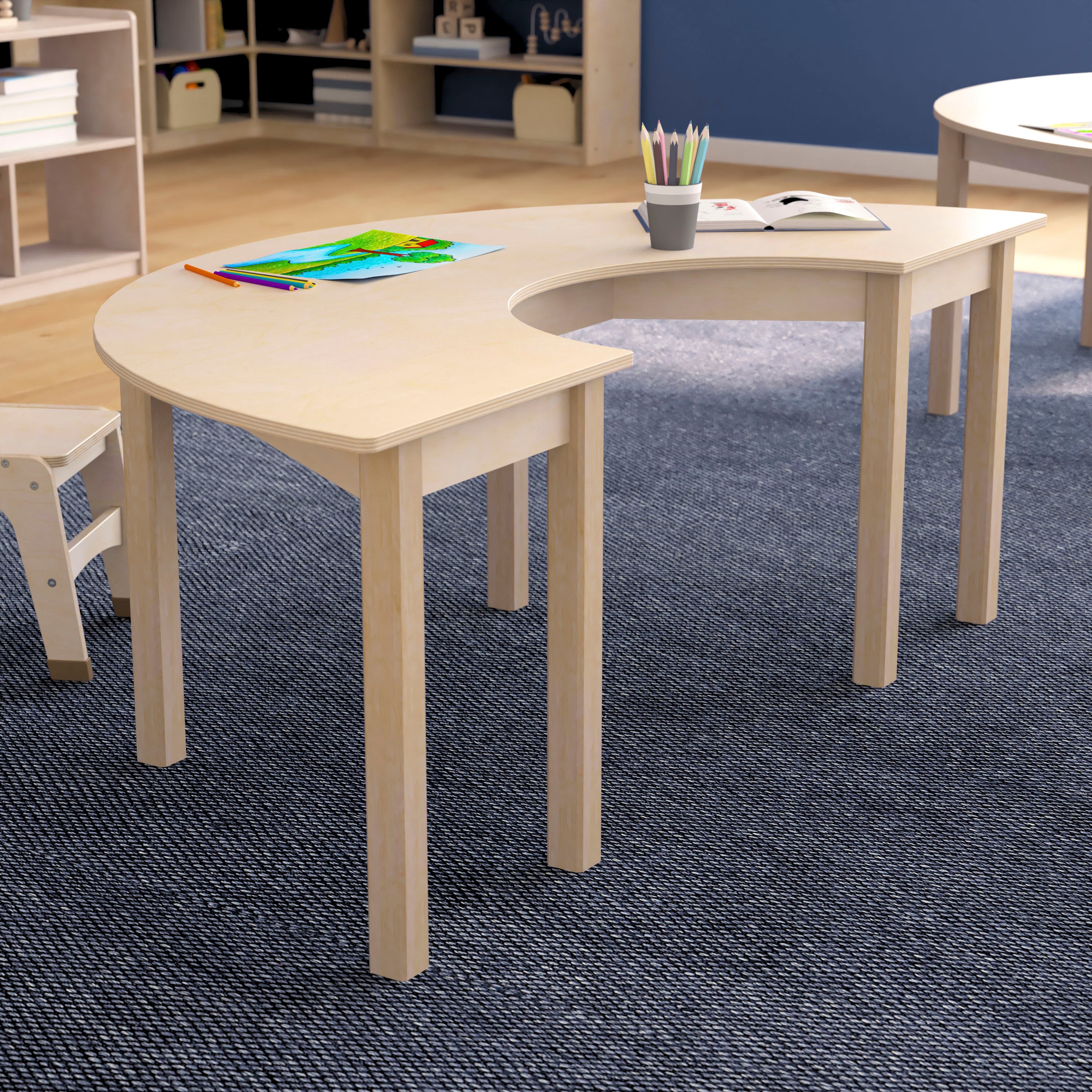Bright Beginnings Commercial Grade Wooden Half Circle Preschool Classroom Activity Table, (29.5"W x 59"D x 21"H), Beech