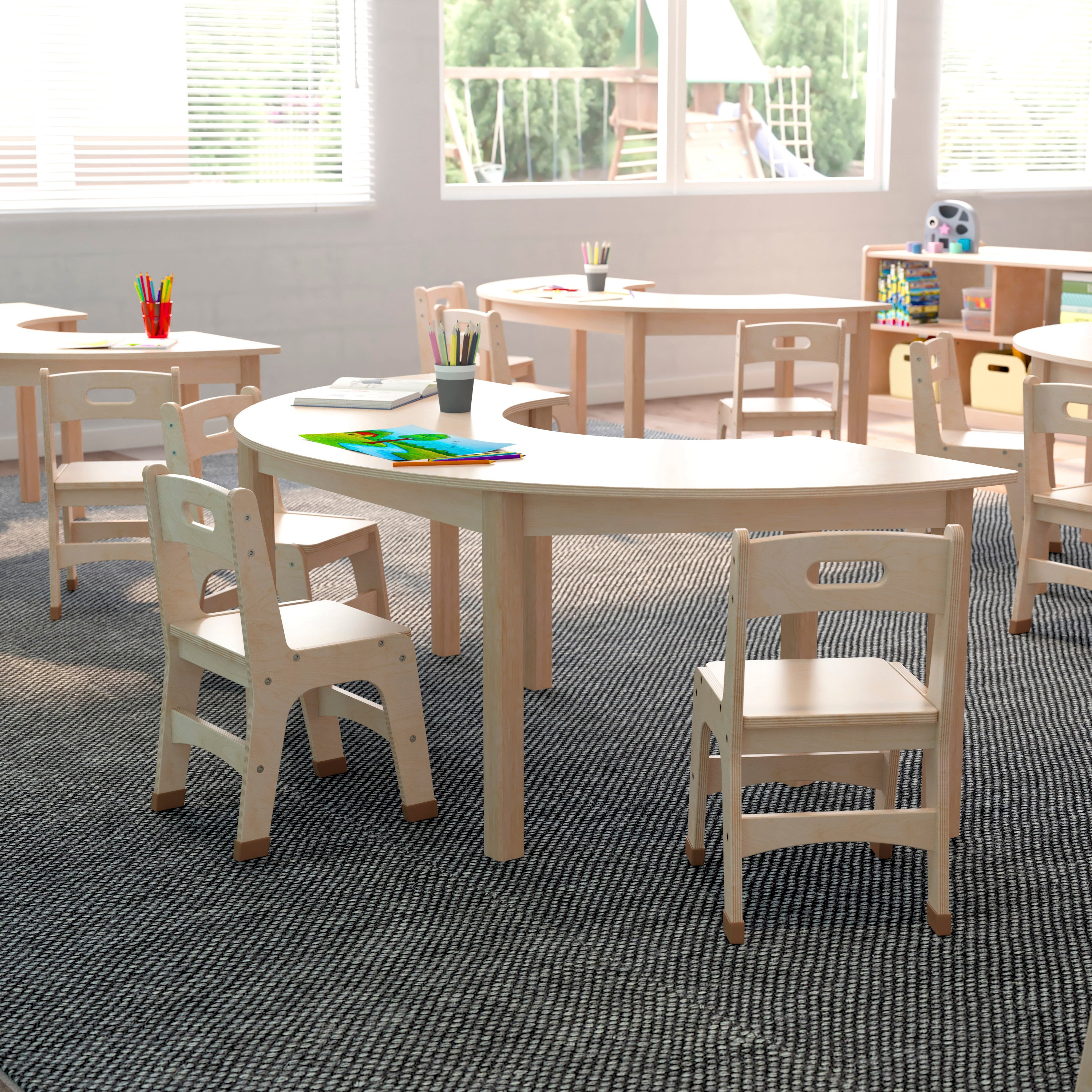 Bright Beginnings Commercial Grade Wooden Half Circle Preschool Classroom Activity Table, (29.5"W x 59"D x 21"H), Beech