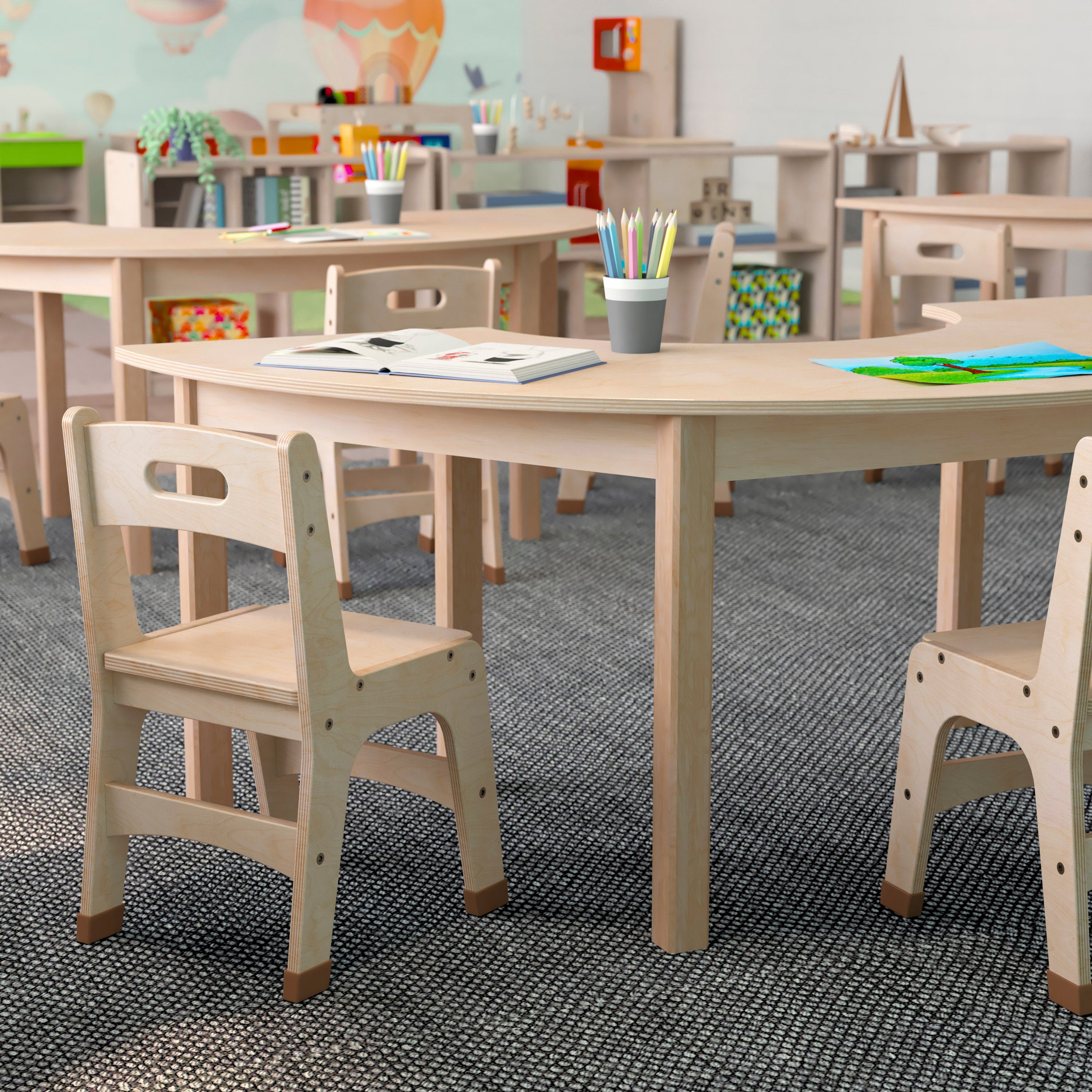 Bright Beginnings Commercial Grade Wooden Half Circle Preschool Classroom Activity Table, (29.5"W x 59"D x 21"H), Beech