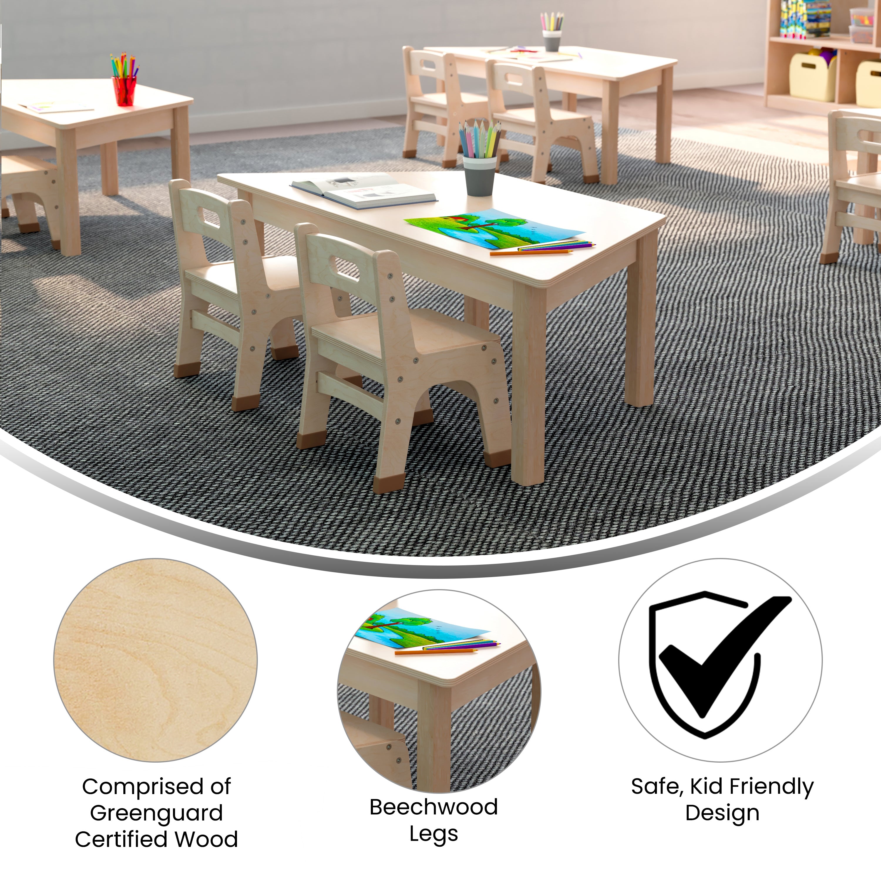 Bright Beginnings Commercial Grade Wooden Trapezoid Preschool Classroom Activity Table, (20.75"W x 47.25"D x 14.5"H), Beech