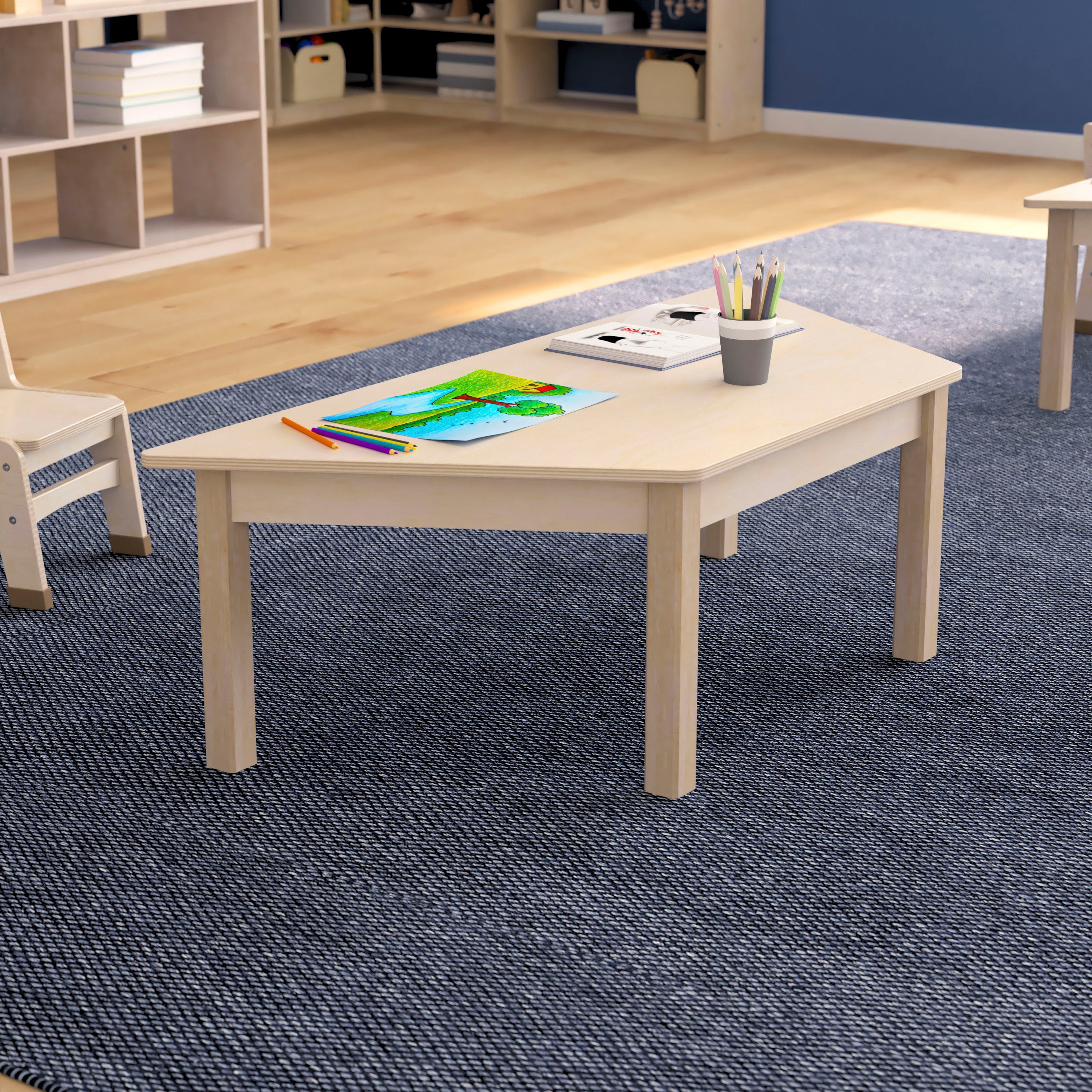 Bright Beginnings Commercial Grade Wooden Trapezoid Preschool Classroom Activity Table, (20.75"W x 47.25"D x 14.5"H), Beech