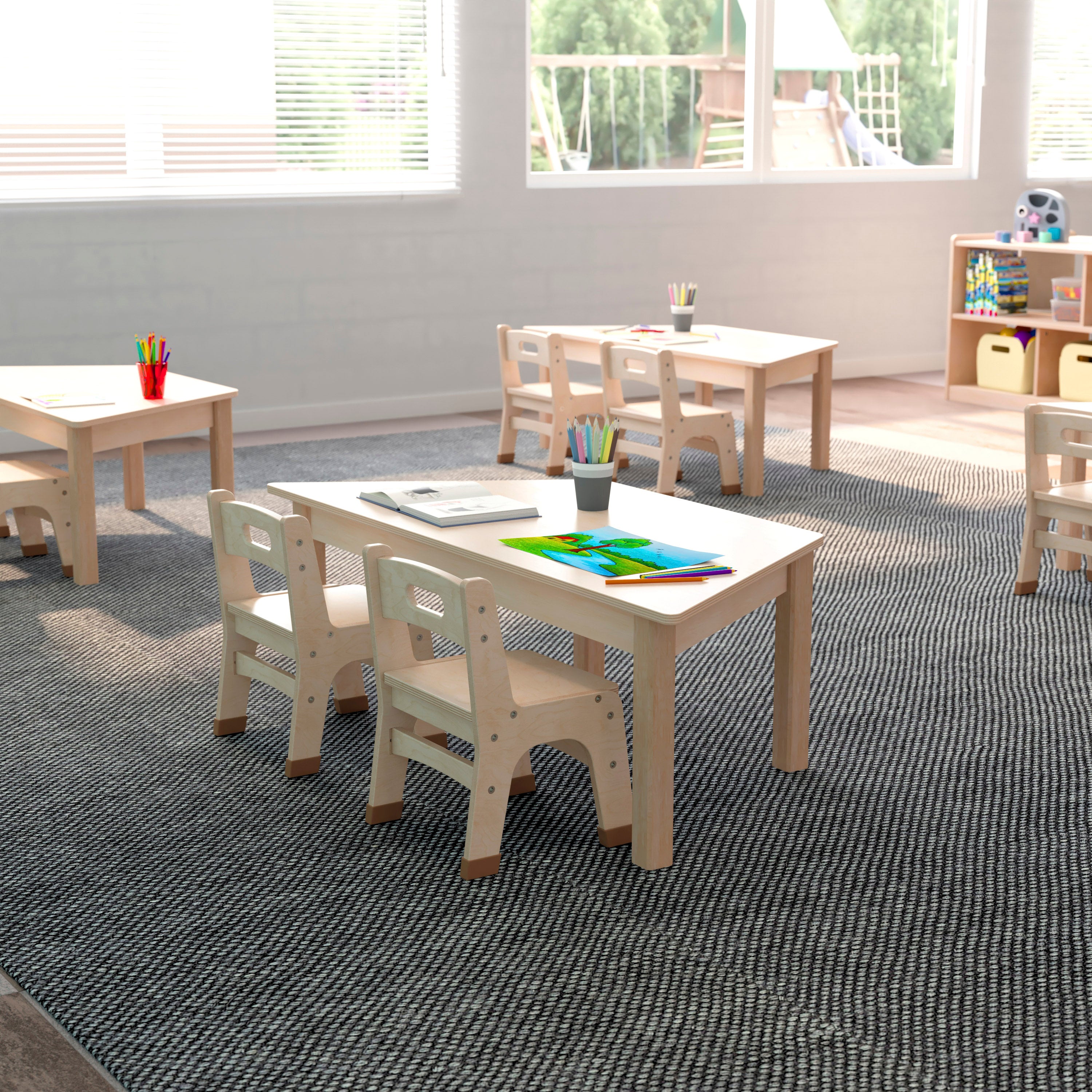 Bright Beginnings Commercial Grade Wooden Trapezoid Preschool Classroom Activity Table, (20.75"W x 47.25"D x 14.5"H), Beech