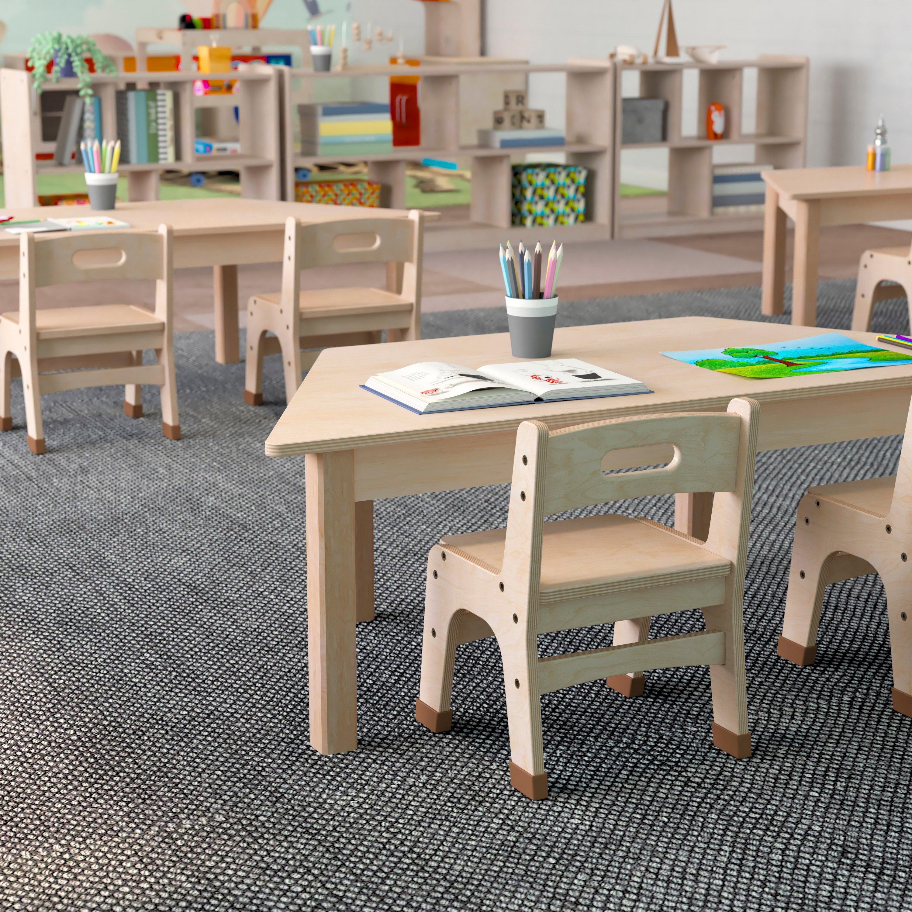 Bright Beginnings Commercial Grade Wooden Trapezoid Preschool Classroom Activity Table, (20.75"W x 47.25"D x 14.5"H), Beech
