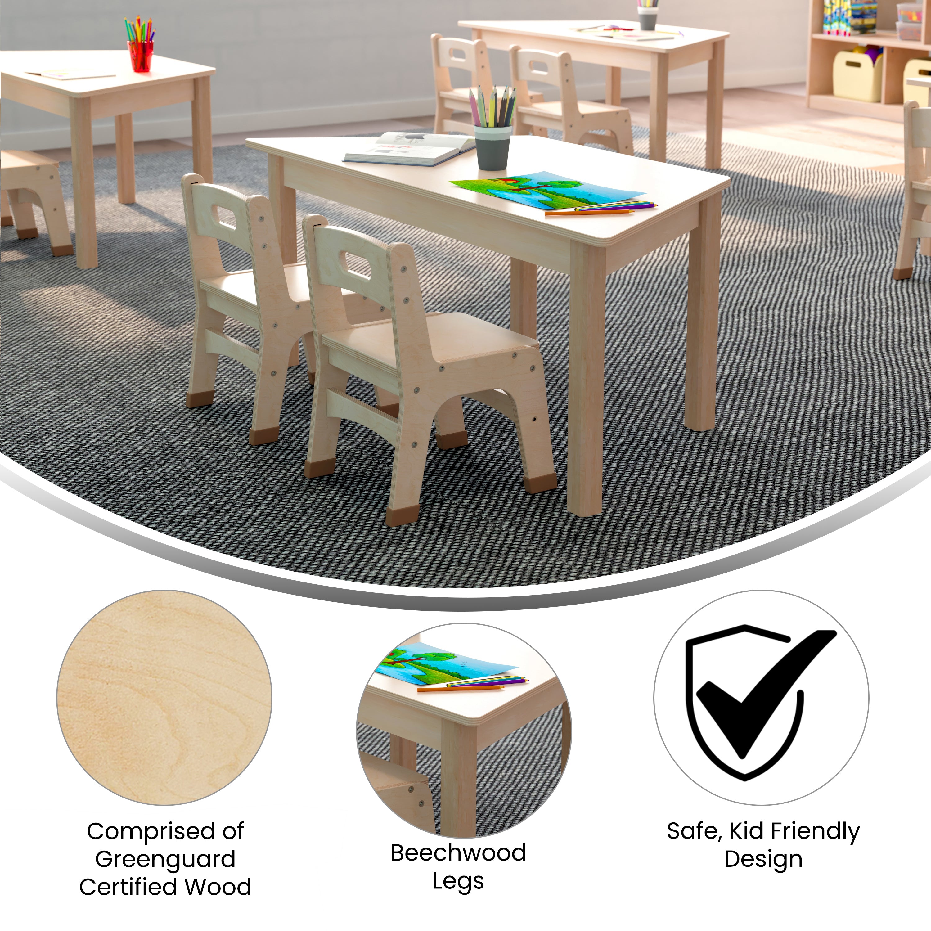 Bright Beginnings Commercial Grade Wooden Trapezoid Preschool Classroom Activity Table, (20.75"W x 47.25"D x 18"H), Beech