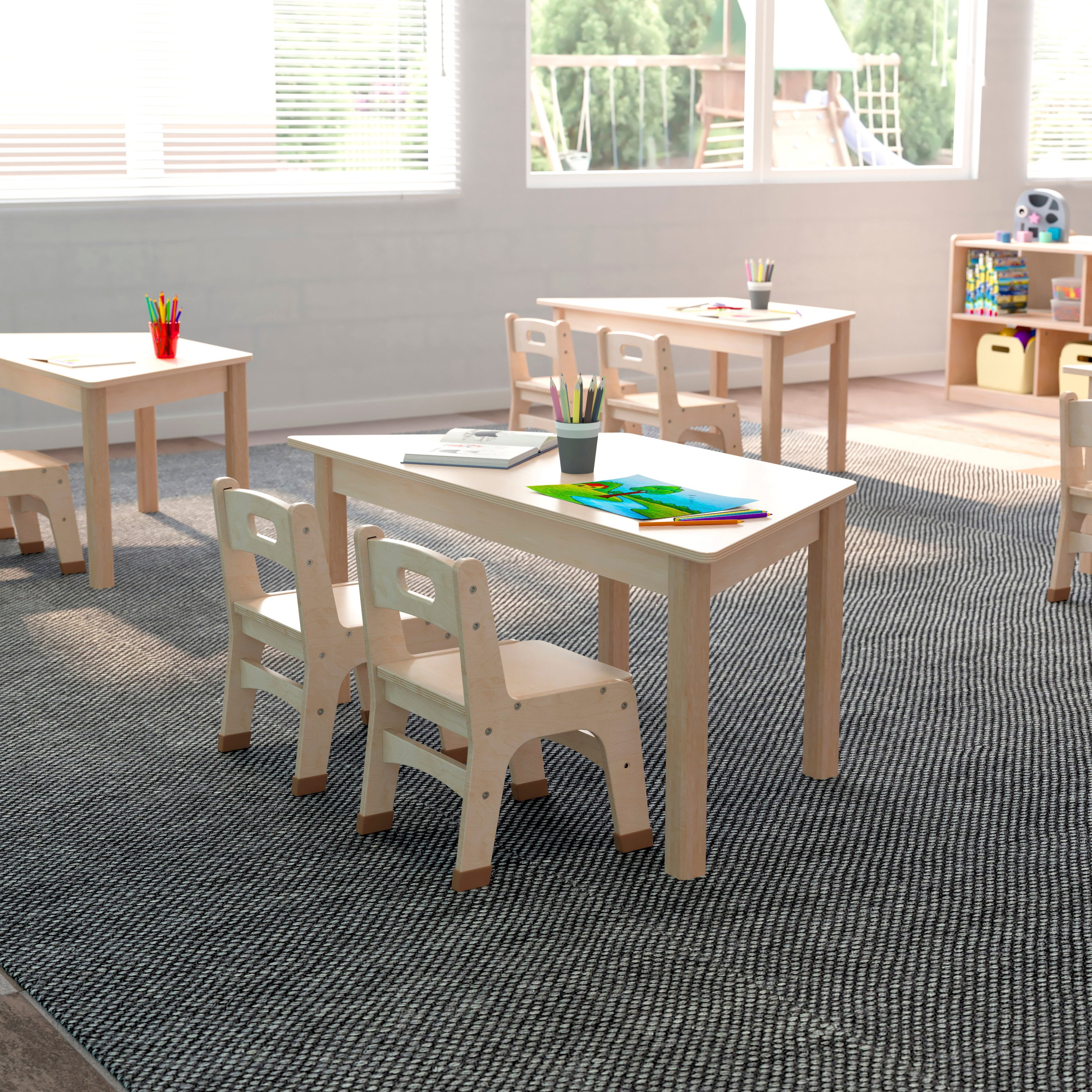 Bright Beginnings Commercial Grade Wooden Trapezoid Preschool Classroom Activity Table, (20.75"W x 47.25"D x 18"H), Beech