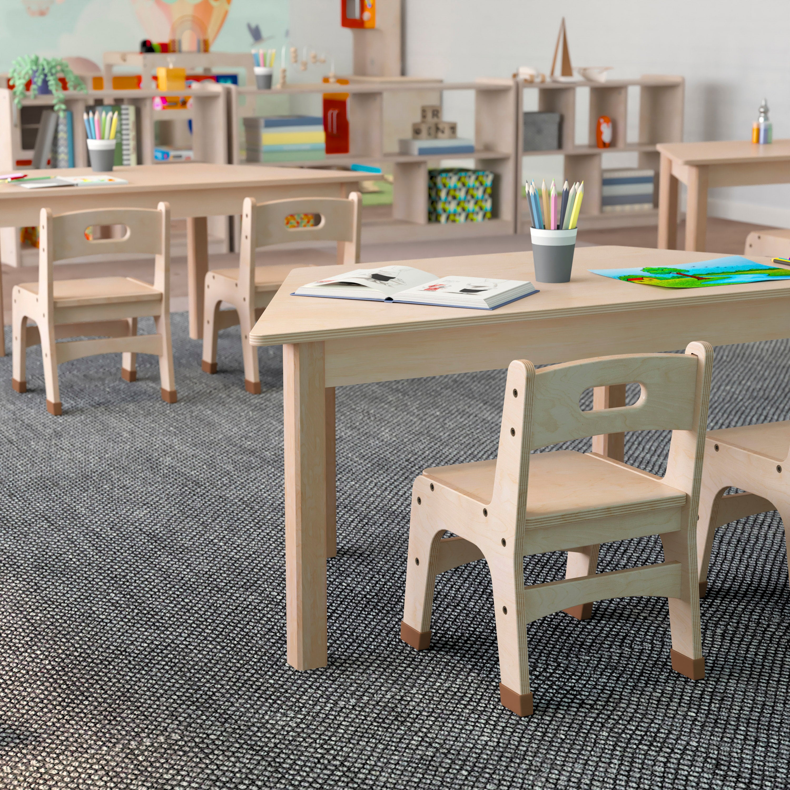 Bright Beginnings Commercial Grade Wooden Trapezoid Preschool Classroom Activity Table, (20.75"W x 47.25"D x 18"H), Beech