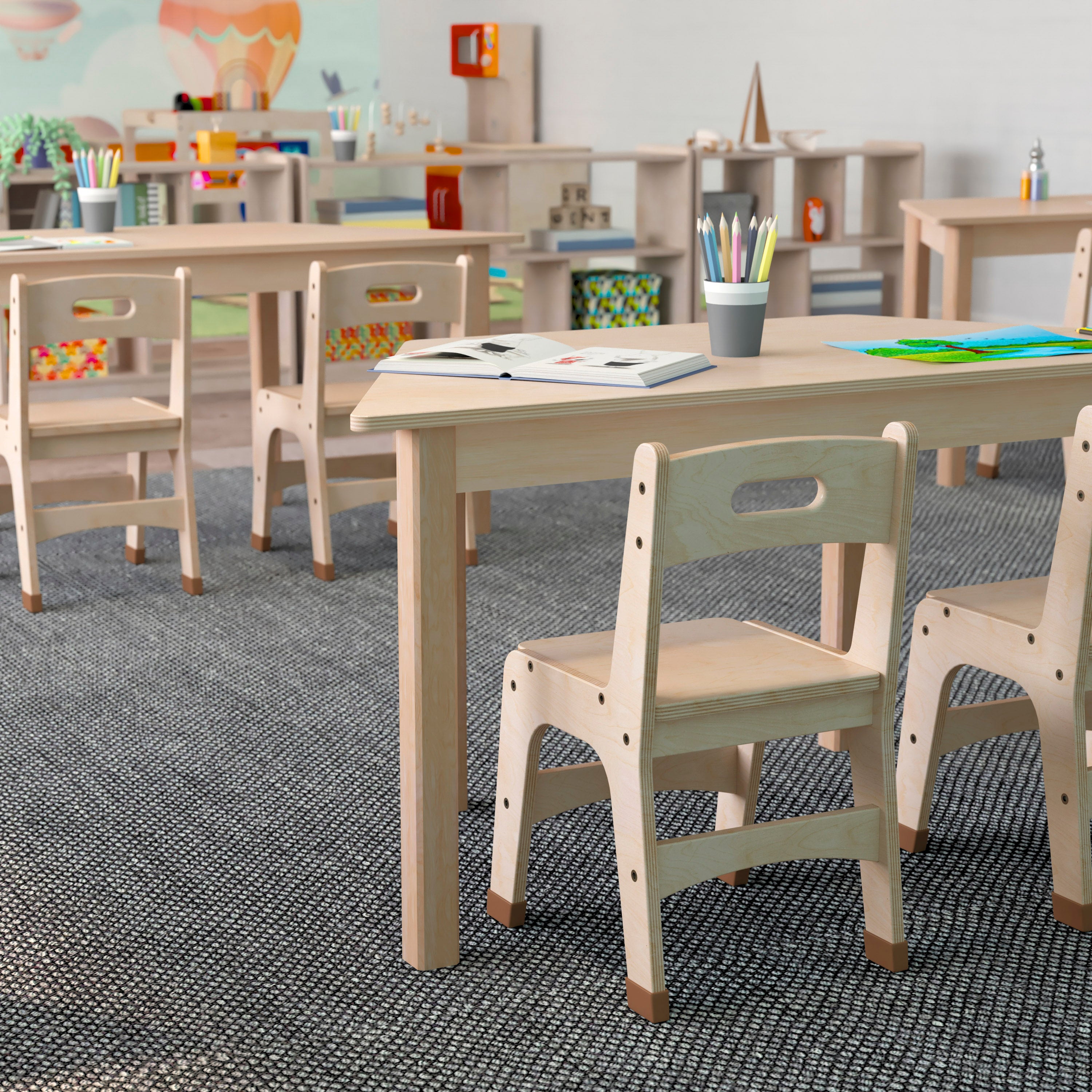Bright Beginnings Commercial Grade Wooden Trapezoid Preschool Classroom Activity Table, (20.75"W x 47.25"D x 21"H), Beech