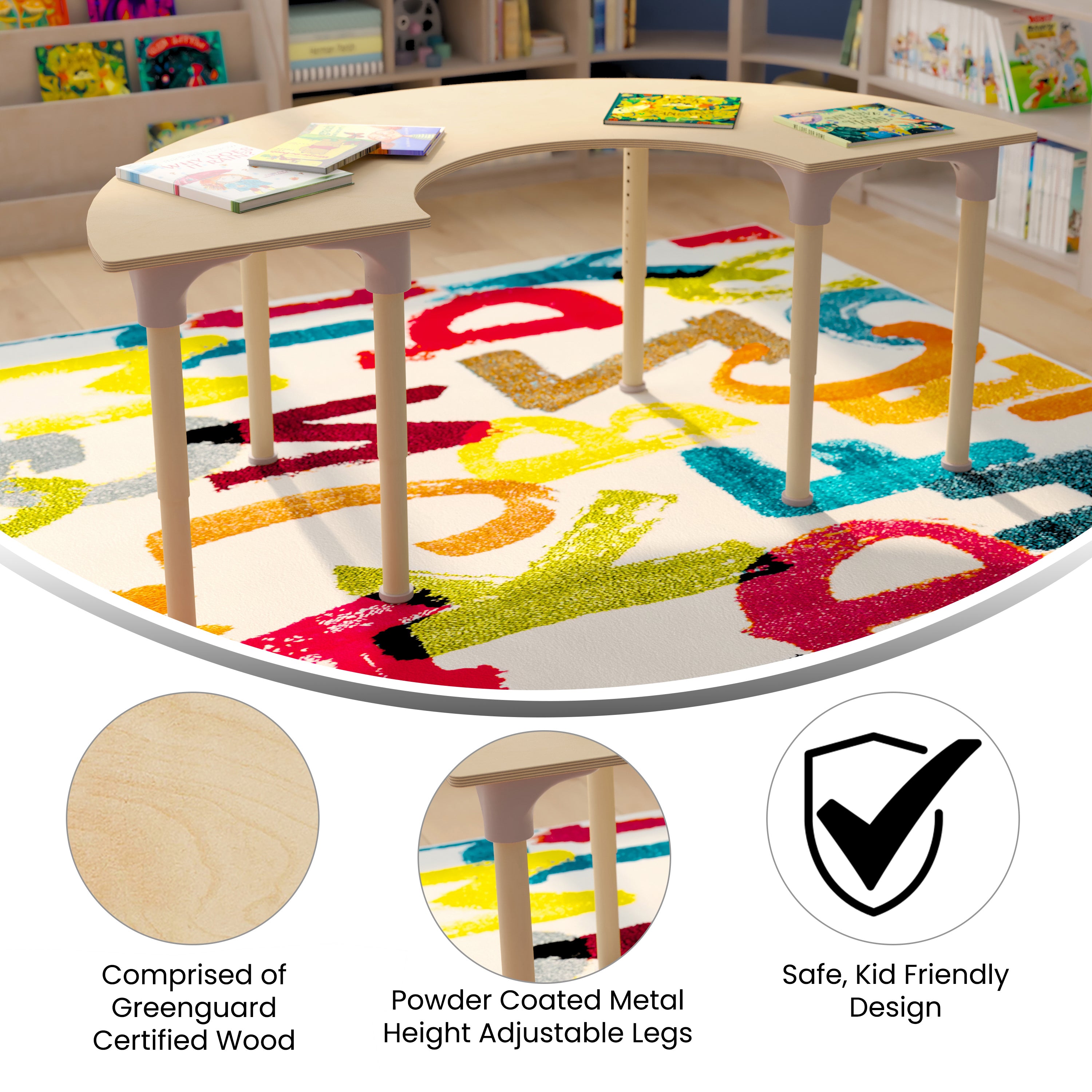 Bright Beginnings 59" Commercial Grade Wooden Half Circle Adjustable Height Classroom Activity Table - Metal Legs Adjust From 15"H - 23"H, Beech