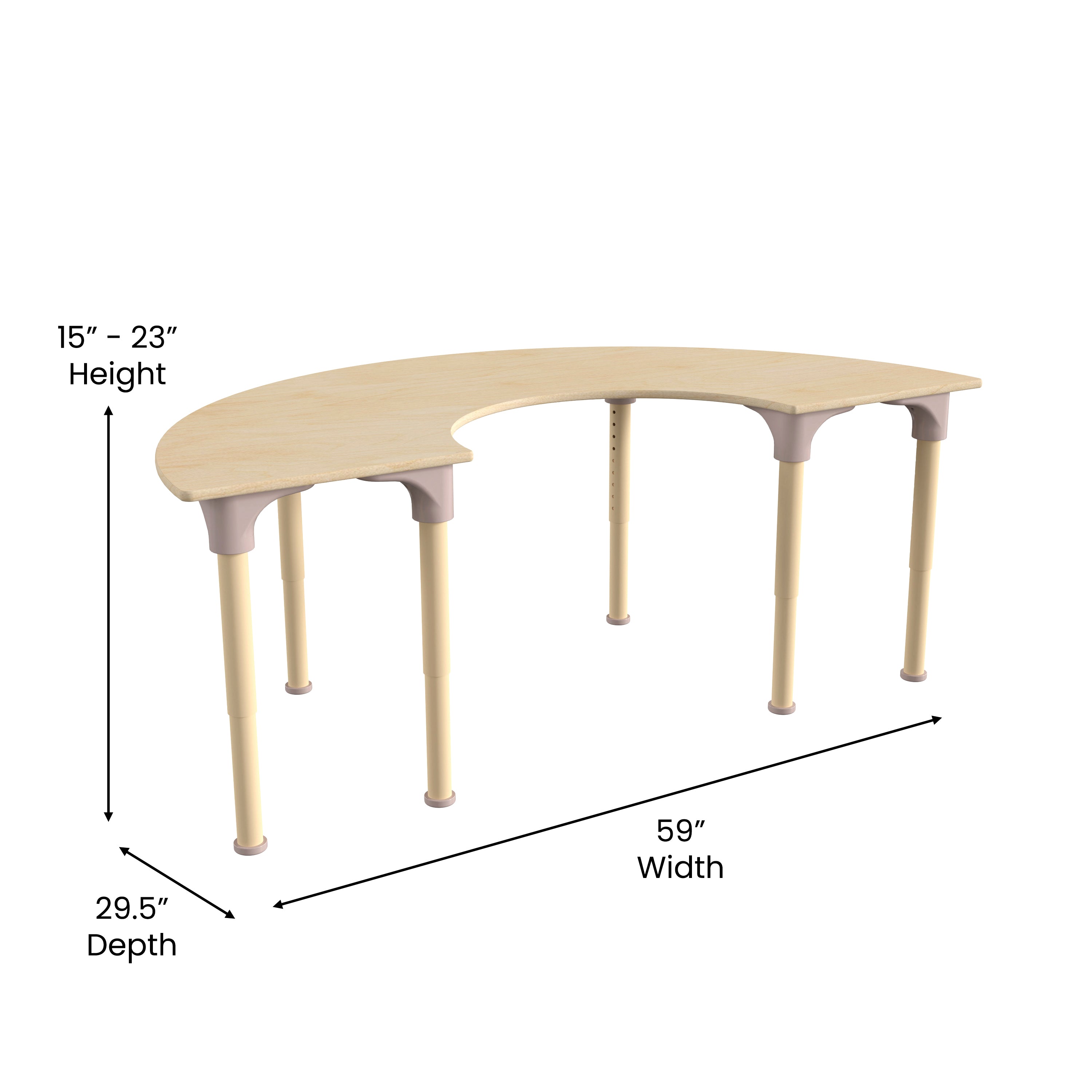 Bright Beginnings 59" Commercial Grade Wooden Half Circle Adjustable Height Classroom Activity Table - Metal Legs Adjust From 15"H - 23"H, Beech