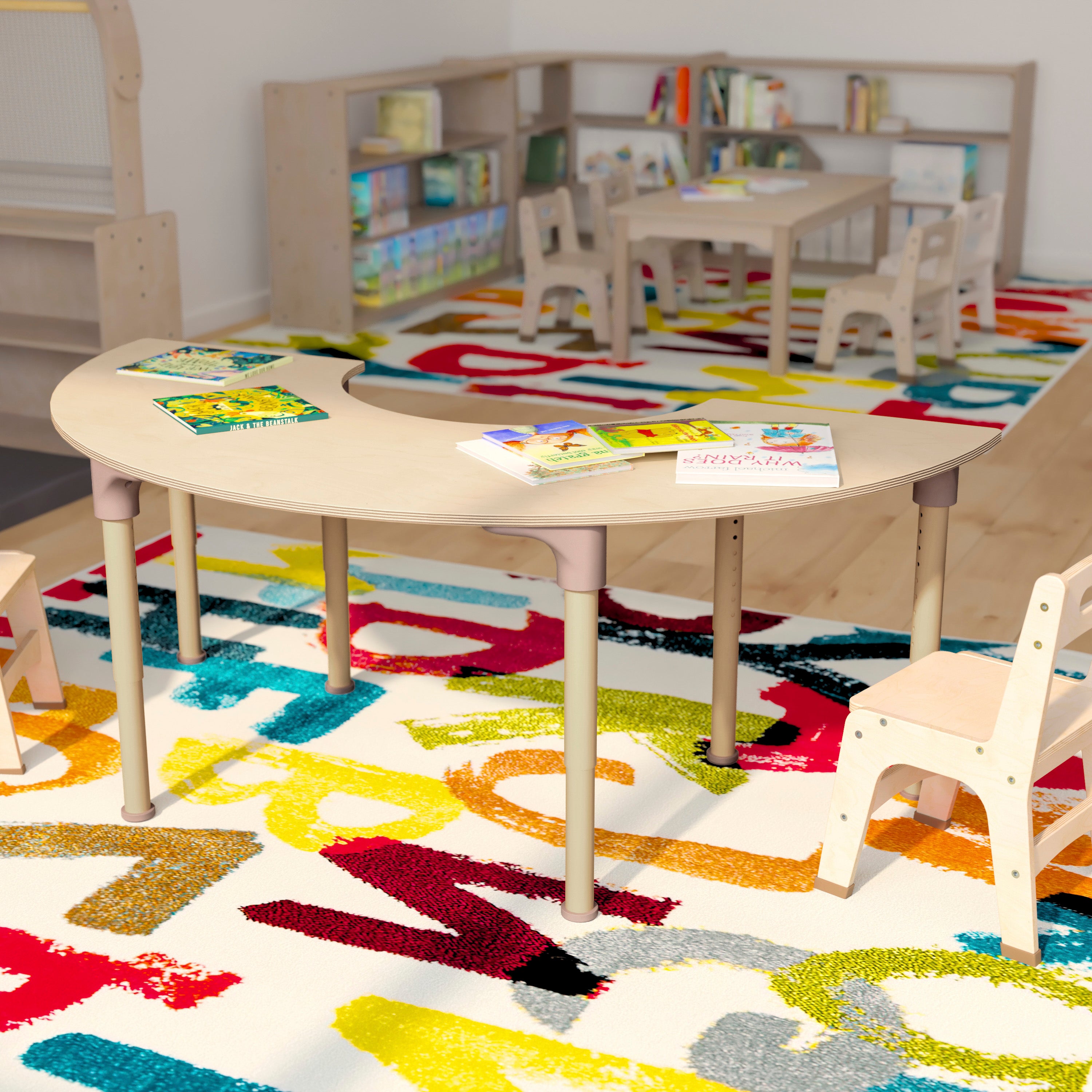Bright Beginnings 59" Commercial Grade Wooden Half Circle Adjustable Height Classroom Activity Table - Metal Legs Adjust From 15"H - 23"H, Beech