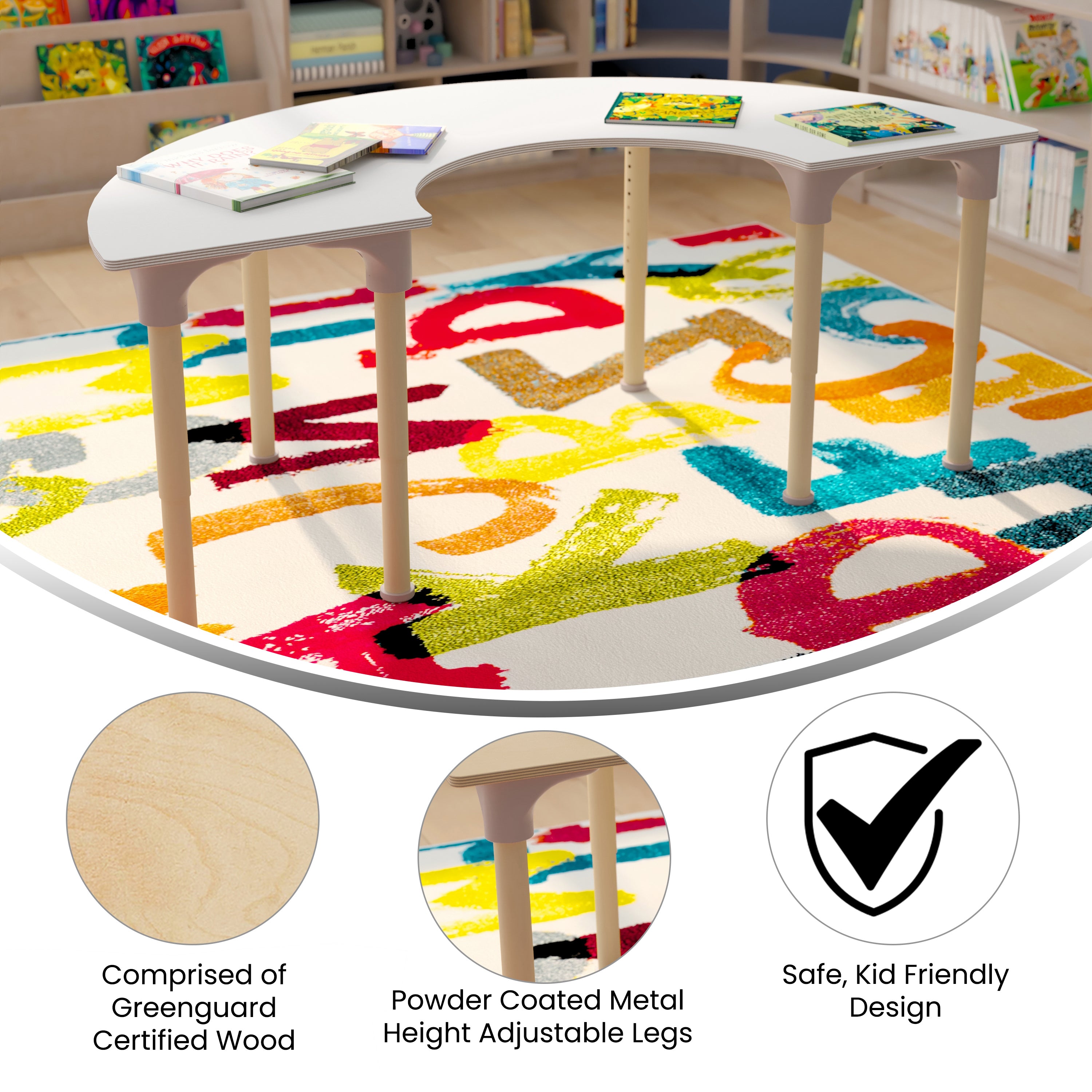Bright Beginnings 59" Commercial Grade Wooden Half Circle Adjustable Height Classroom Activity Table - Metal Legs Adjust From 15"H - 23"H, Beech/White