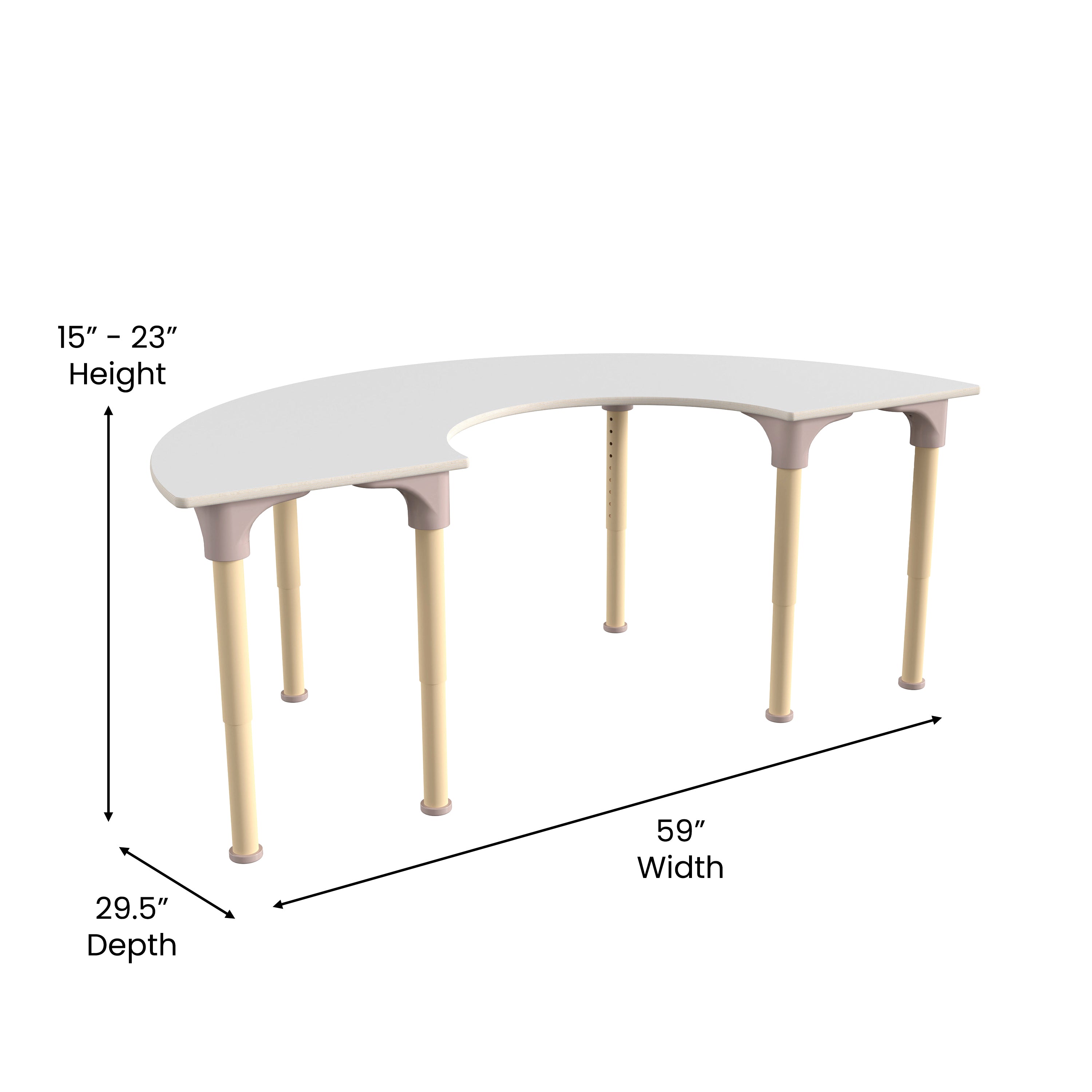 Bright Beginnings 59" Commercial Grade Wooden Half Circle Adjustable Height Classroom Activity Table - Metal Legs Adjust From 15"H - 23"H, Beech/White