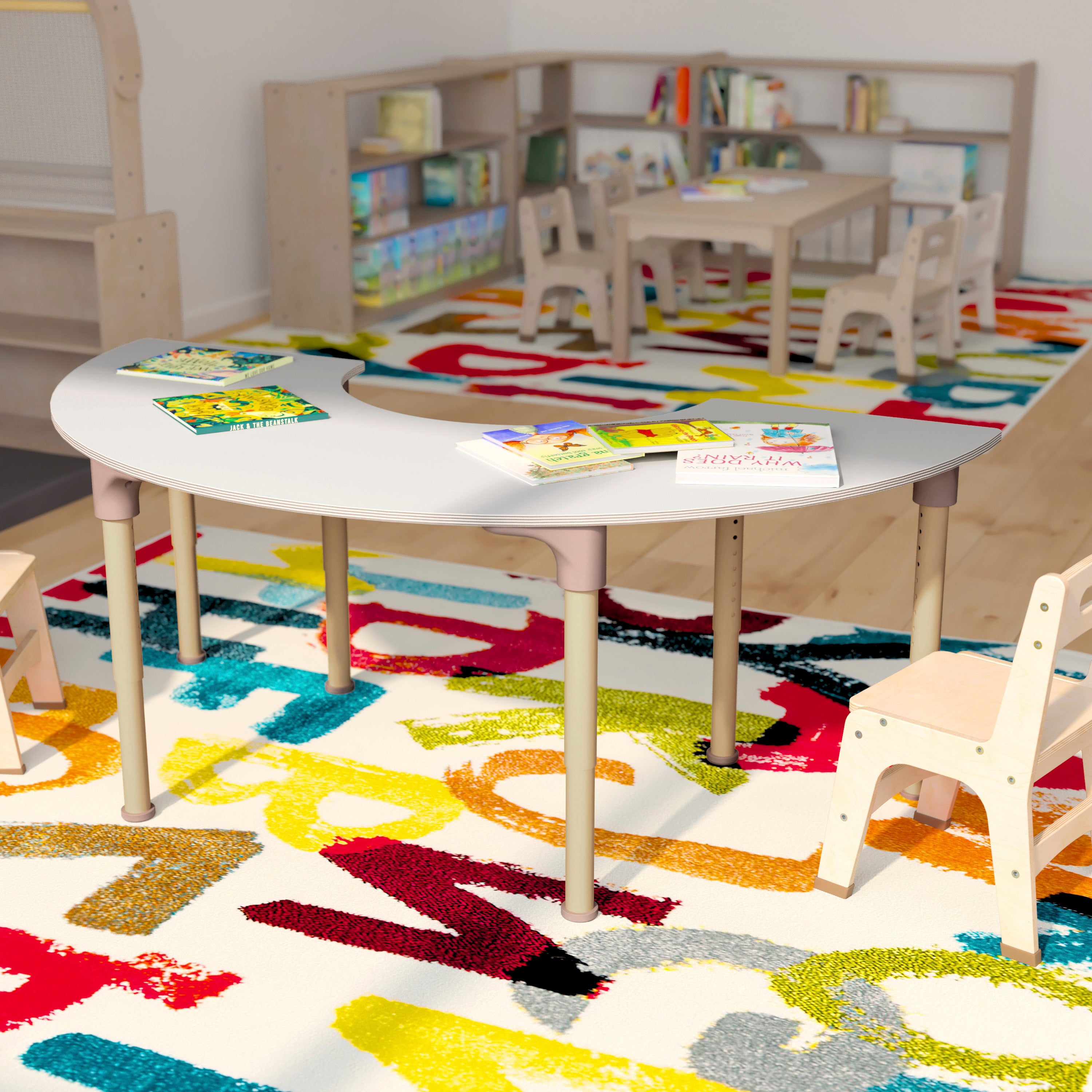 Bright Beginnings 59" Commercial Grade Wooden Half Circle Adjustable Height Classroom Activity Table - Metal Legs Adjust From 15"H - 23"H, Beech/White