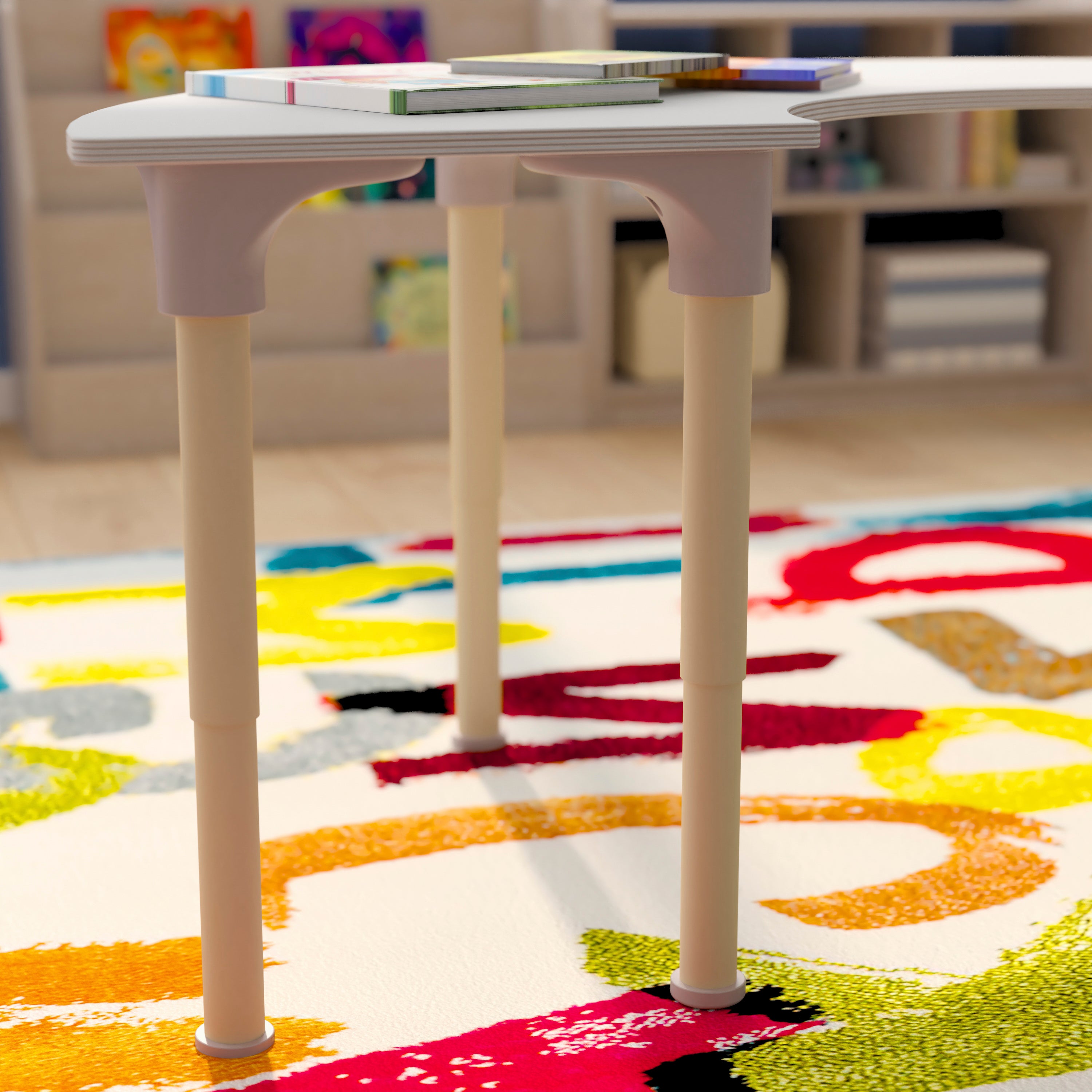 Bright Beginnings 59" Commercial Grade Wooden Half Circle Adjustable Height Classroom Activity Table - Metal Legs Adjust From 15"H - 23"H, Beech/White