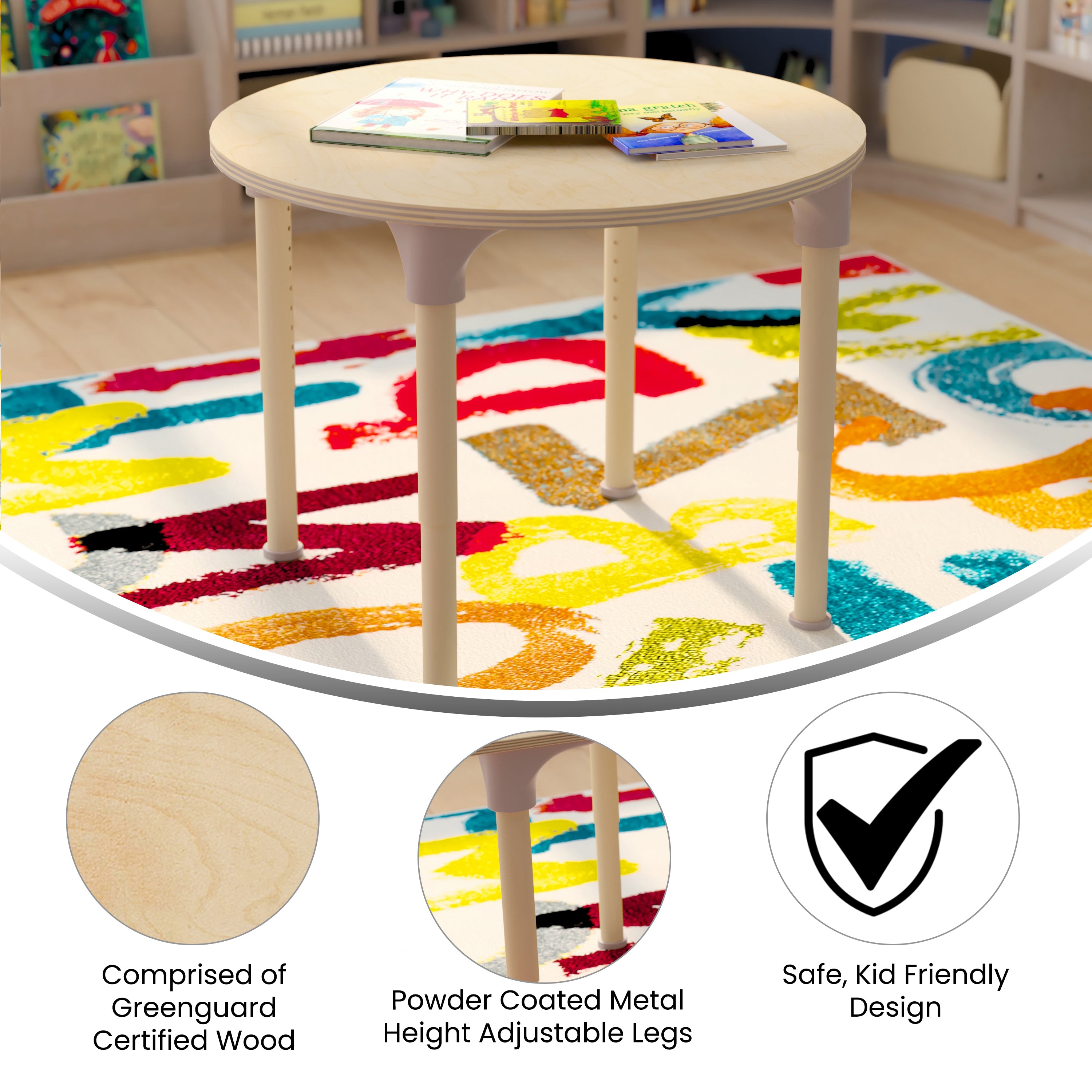 Bright Beginnings 33" Round Commercial Grade Wooden Adjustable Height Classroom Activity Table - Metal Legs Adjust From 15"H - 23"H, Beech