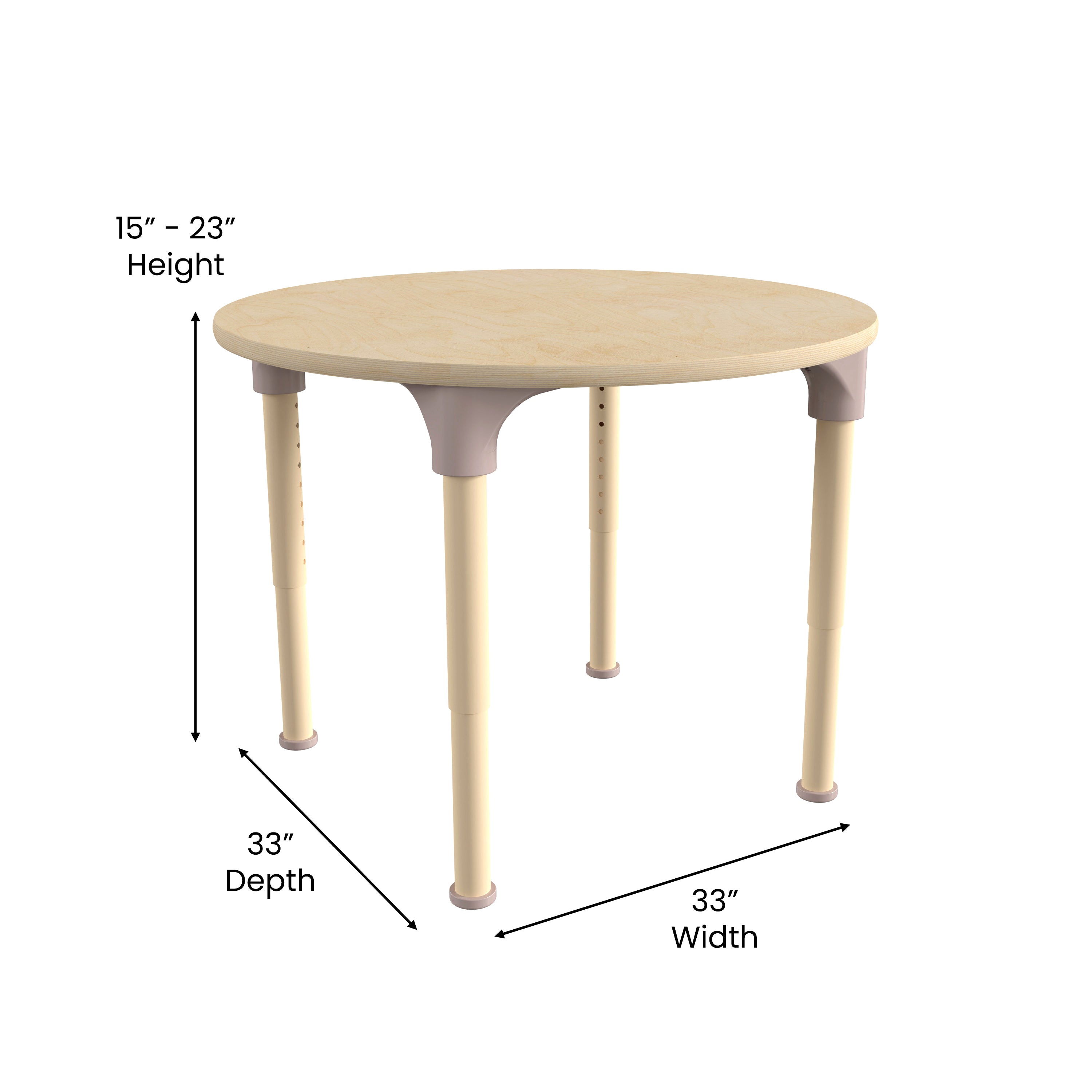 Bright Beginnings 33" Round Commercial Grade Wooden Adjustable Height Classroom Activity Table - Metal Legs Adjust From 15"H - 23"H, Beech