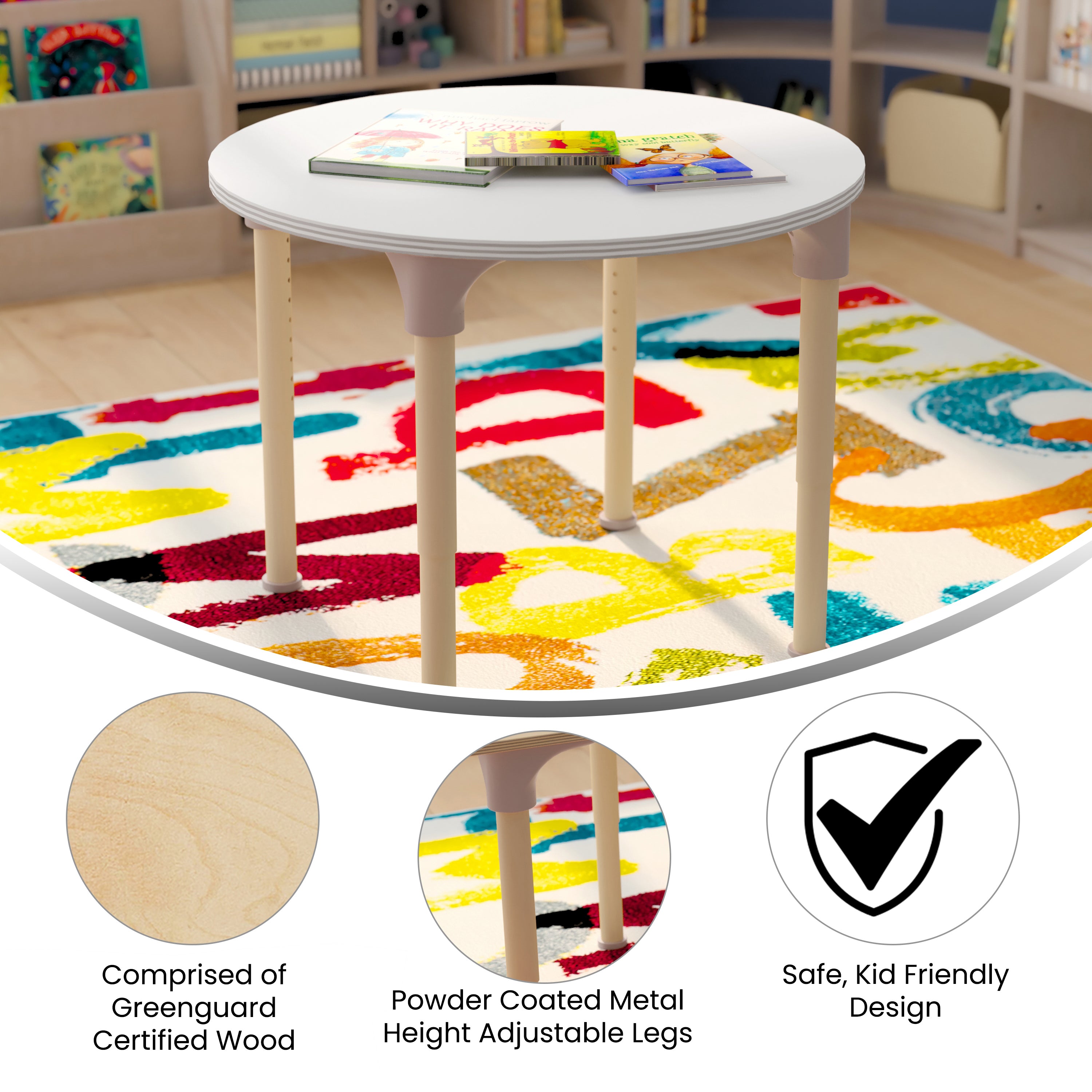 Bright Beginnings 33" Round Commercial Grade Wooden Adjustable Height Classroom Activity Table - Metal Legs Adjust From 15"H - 23"H, Beech/White