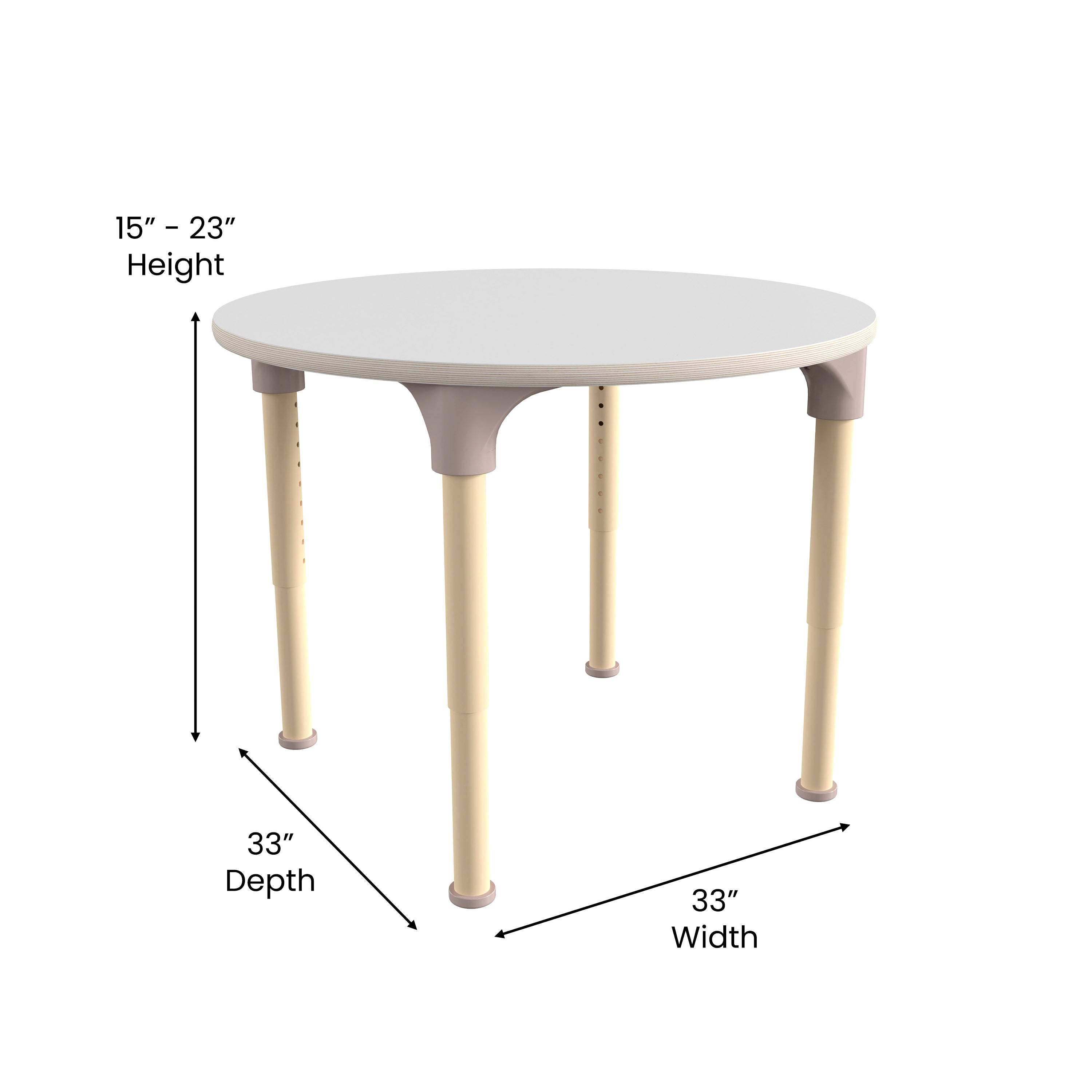 Bright Beginnings 33" Round Commercial Grade Wooden Adjustable Height Classroom Activity Table - Metal Legs Adjust From 15"H - 23"H, Beech/White
