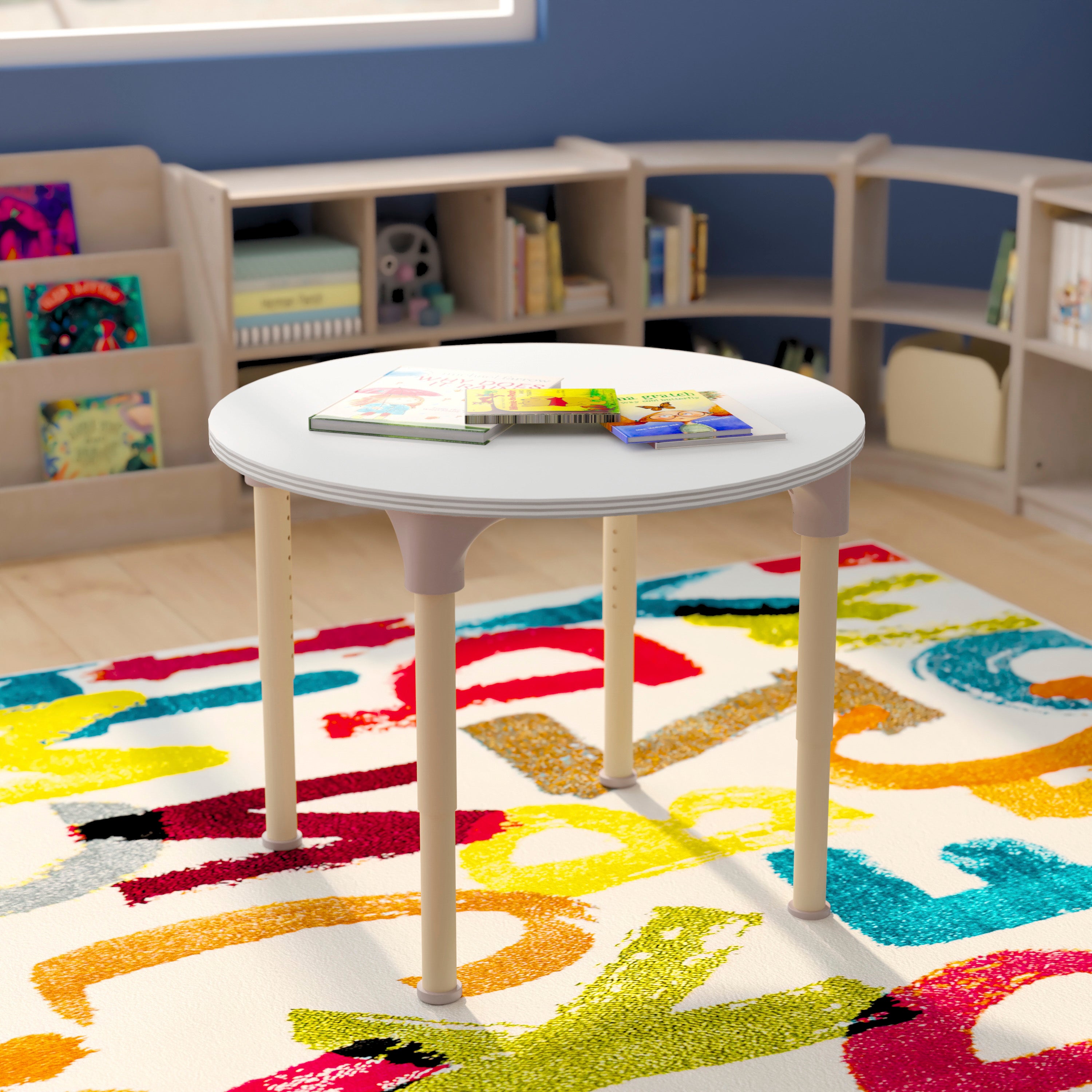 Bright Beginnings 33" Round Commercial Grade Wooden Adjustable Height Classroom Activity Table - Metal Legs Adjust From 15"H - 23"H, Beech/White