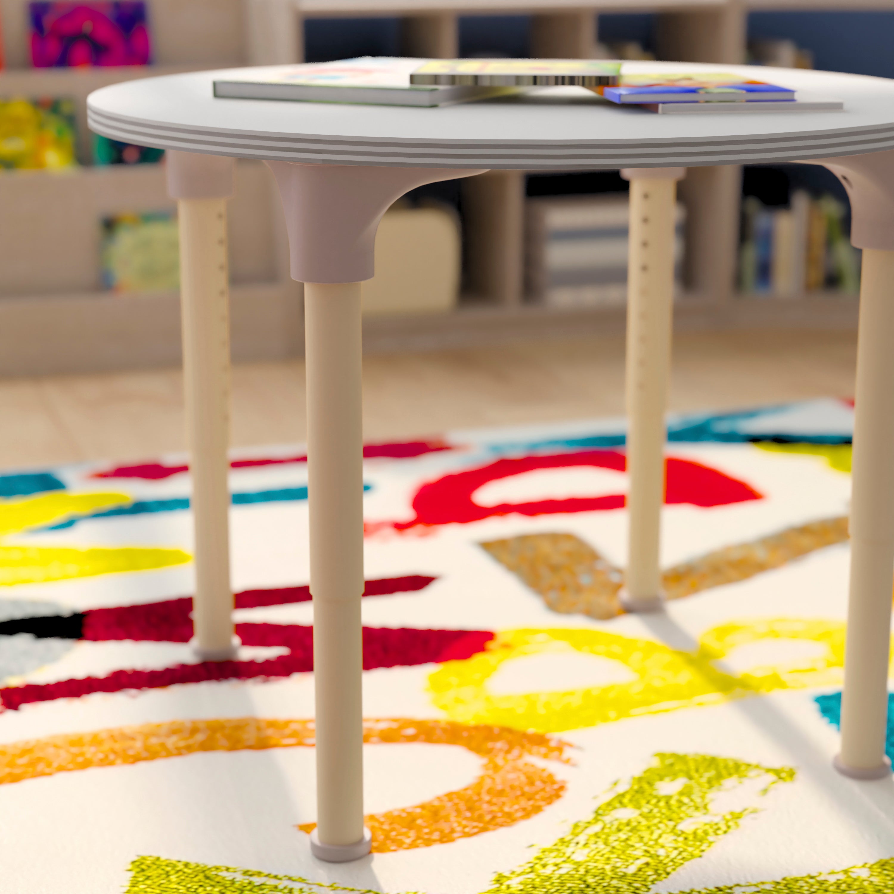 Bright Beginnings 33" Round Commercial Grade Wooden Adjustable Height Classroom Activity Table - Metal Legs Adjust From 15"H - 23"H, Beech/White