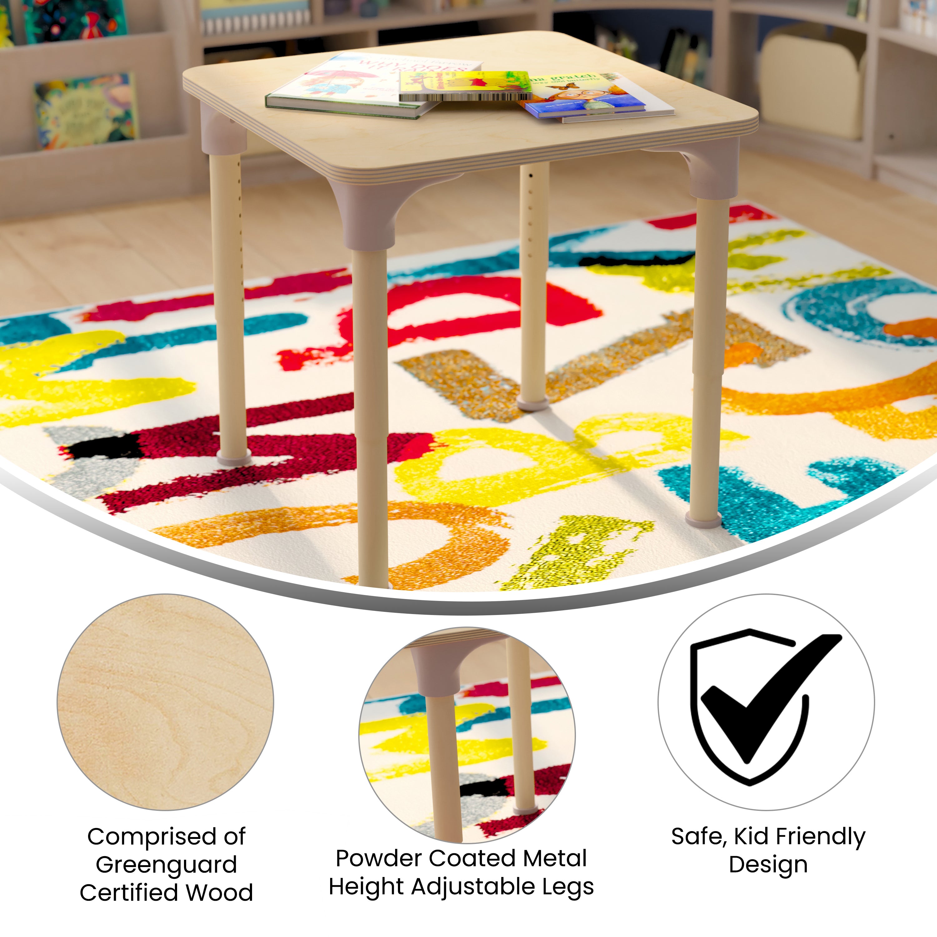 Bright Beginnings 24" Square Commercial Grade Wooden Adjustable Height Classroom Activity Table - Metal Legs Adjust From 15"H - 23"H, Beech