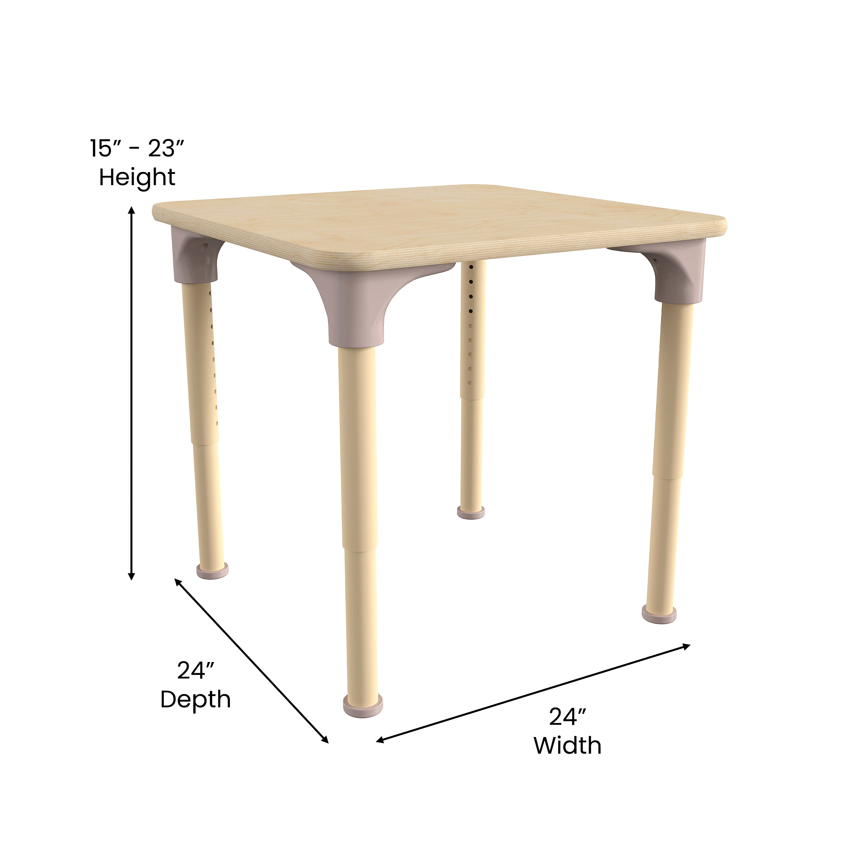 Bright Beginnings 24" Square Commercial Grade Wooden Adjustable Height Classroom Activity Table - Metal Legs Adjust From 15"H - 23"H, Beech