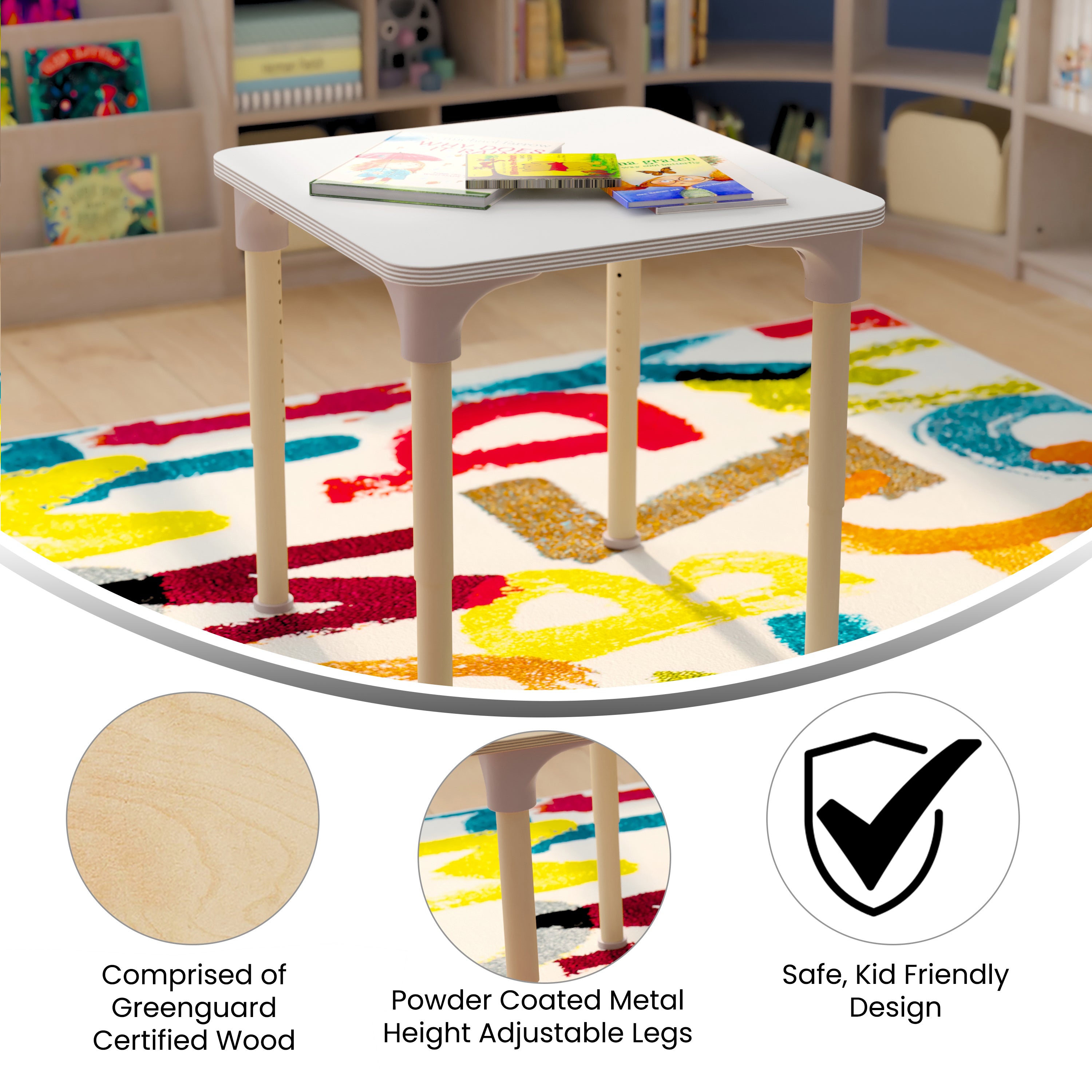 Bright Beginnings 24" Square Commercial Grade Wooden Adjustable Height Classroom Activity Table - Metal Legs Adjust From 15"H - 23"H, Beech/White